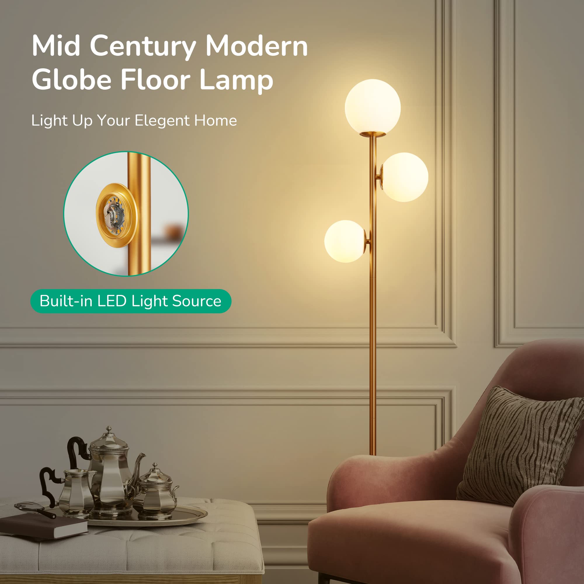 67.5in Mid Century Modern Globe Floor Lamp, Upgraded Dimmable Gold Standing Lamps for Living Room, Frosted Glass Shade, LED Tall Pole Lamp for Bedroom-Brass Plating