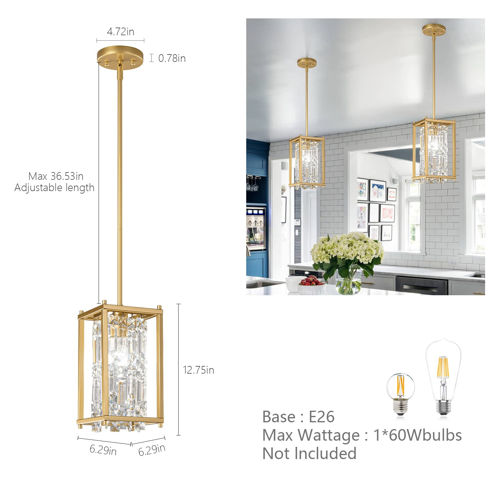 4-Light Dining Room Light Fixture 11.81 inch Square Lndustrial Farmhouse Chandelier Gold Metal Crystal Pendant Light for Kitchen Island Dining Room Living Room Flat and Inclined Ceiling