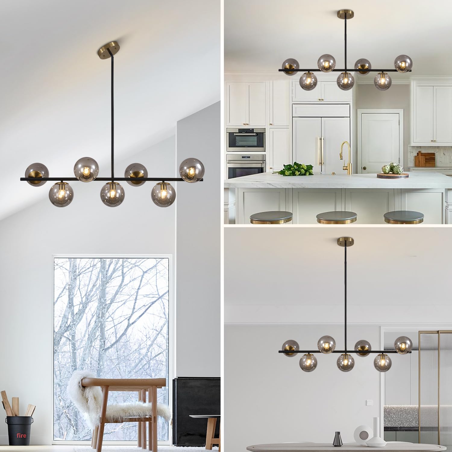 KCO Lighting Modern Brass Linear Chandelier Pendant Light 7-Lights Gold and White Glass Pendant Lighting Mid Century Globe Dining Light Fixture for Living Room Kitchen