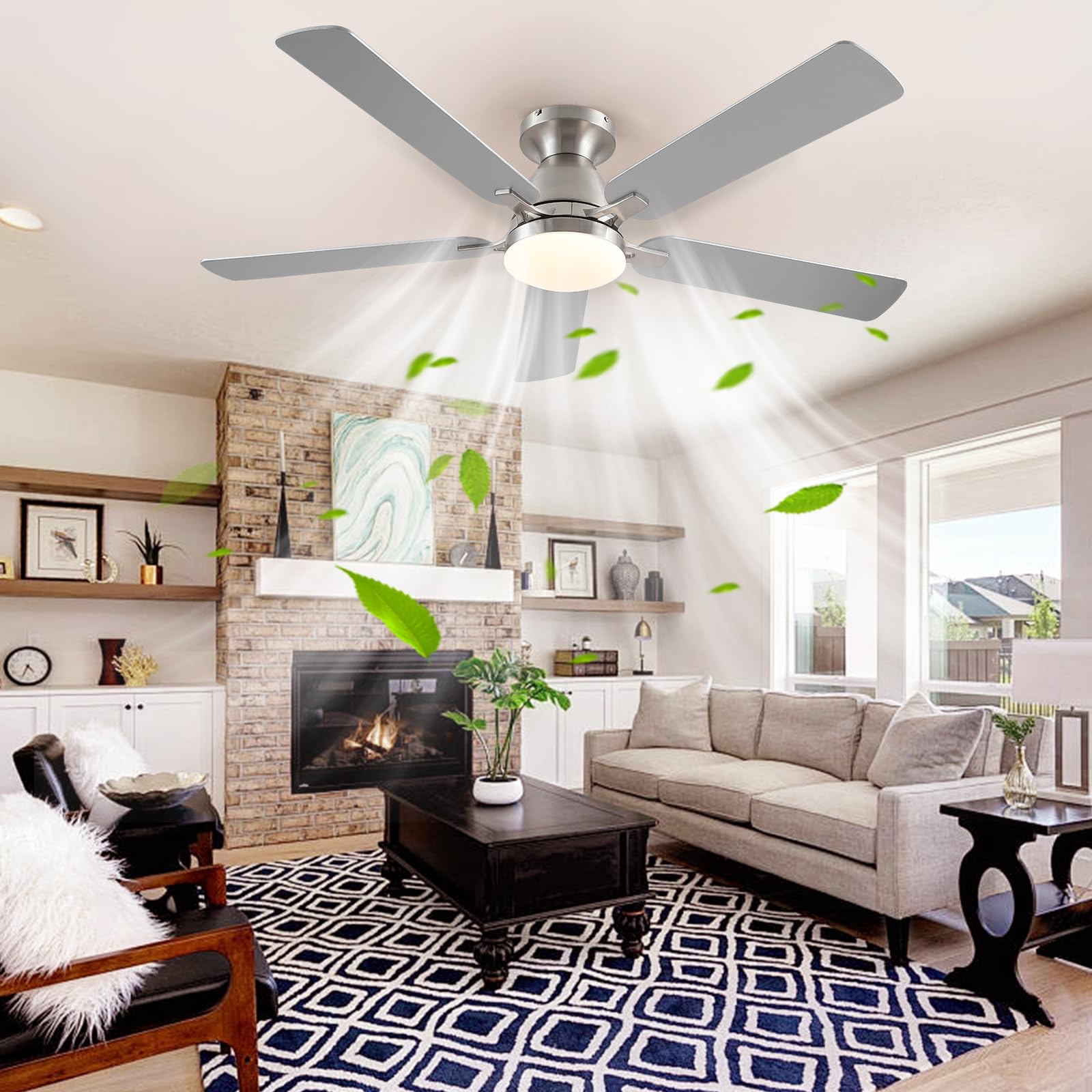 Ceiling Fans with Lights- 46"Low Profile Indoor Ceiling Fan with Light and Remote/APP Control, Flush Mount, LED Dimmable DC Reversible Modern Ceiling Fan for Bedroom（Black）