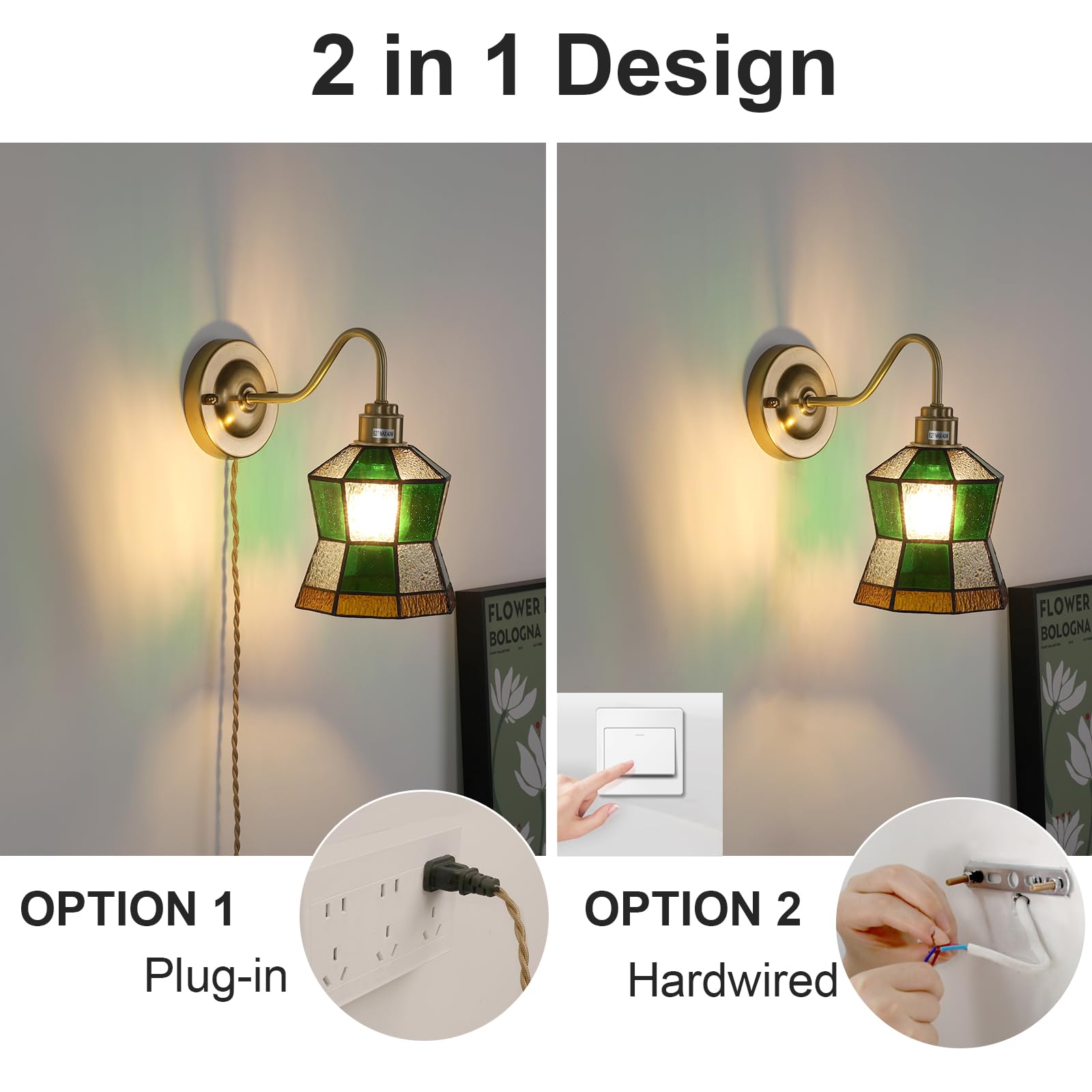 Wall Sconce, Wall Mounted Lamps with Green Checker Sconce, Stained Glass Shade Brass Wall Lights Fixture with Plug in Cord and Switch for Bedroom Bathroom Living Room Hallway