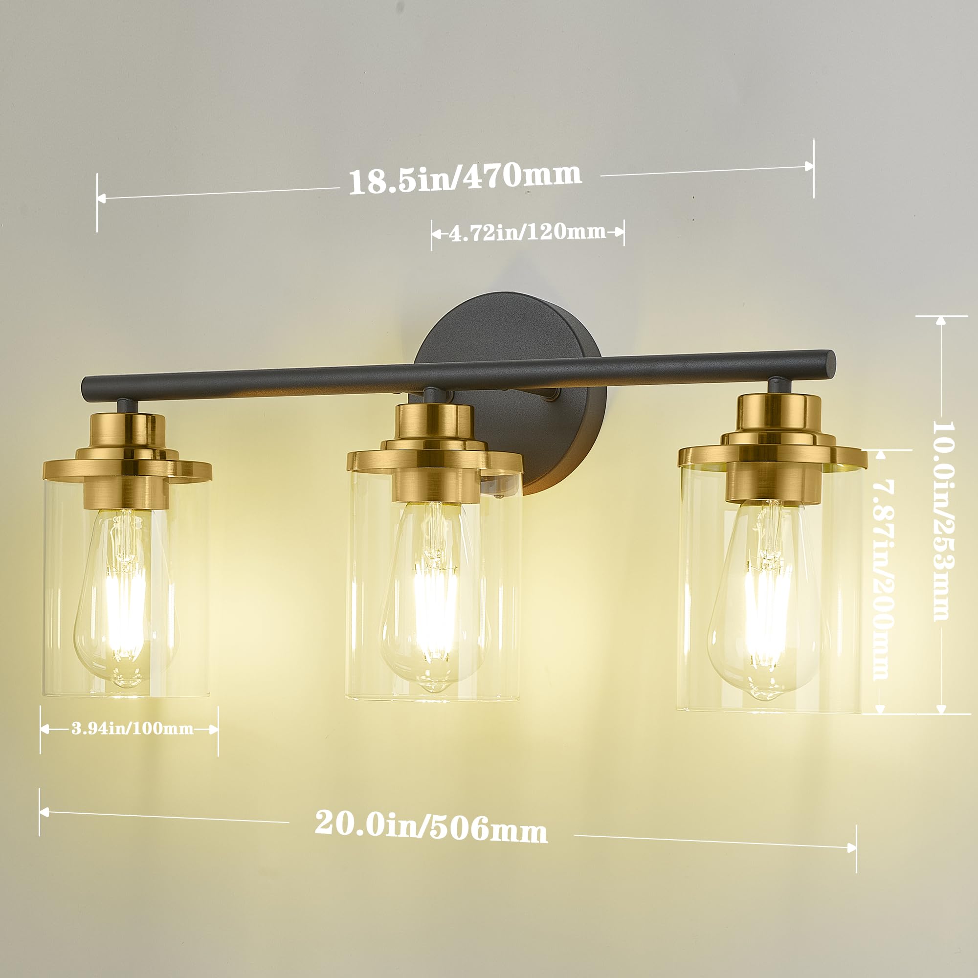 Bathroom Light Fixtures,Vanity Lights,Gold Bathroom Lights Over Mirror,Brushed Gold Vanity Light for Bathroom,20'' Brass Gold 3-Light Modern Bathroom Sconce