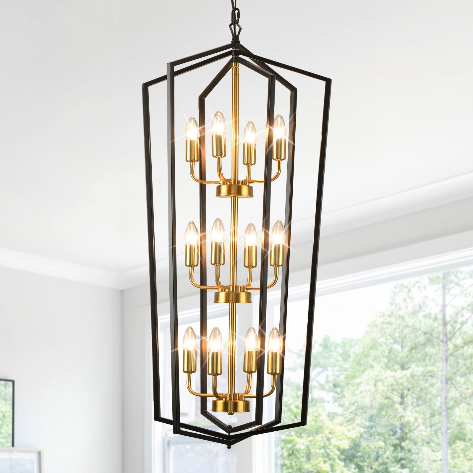 4-Light Lantern Pendant Light, 18.1" Gold Kitchen Pendant Light, Modern Geometric Chandelier, Adjustable Chain Cage Hanging Pendant Light Fixture for Bedroom, Kitchen Island, Foyer, Entrance