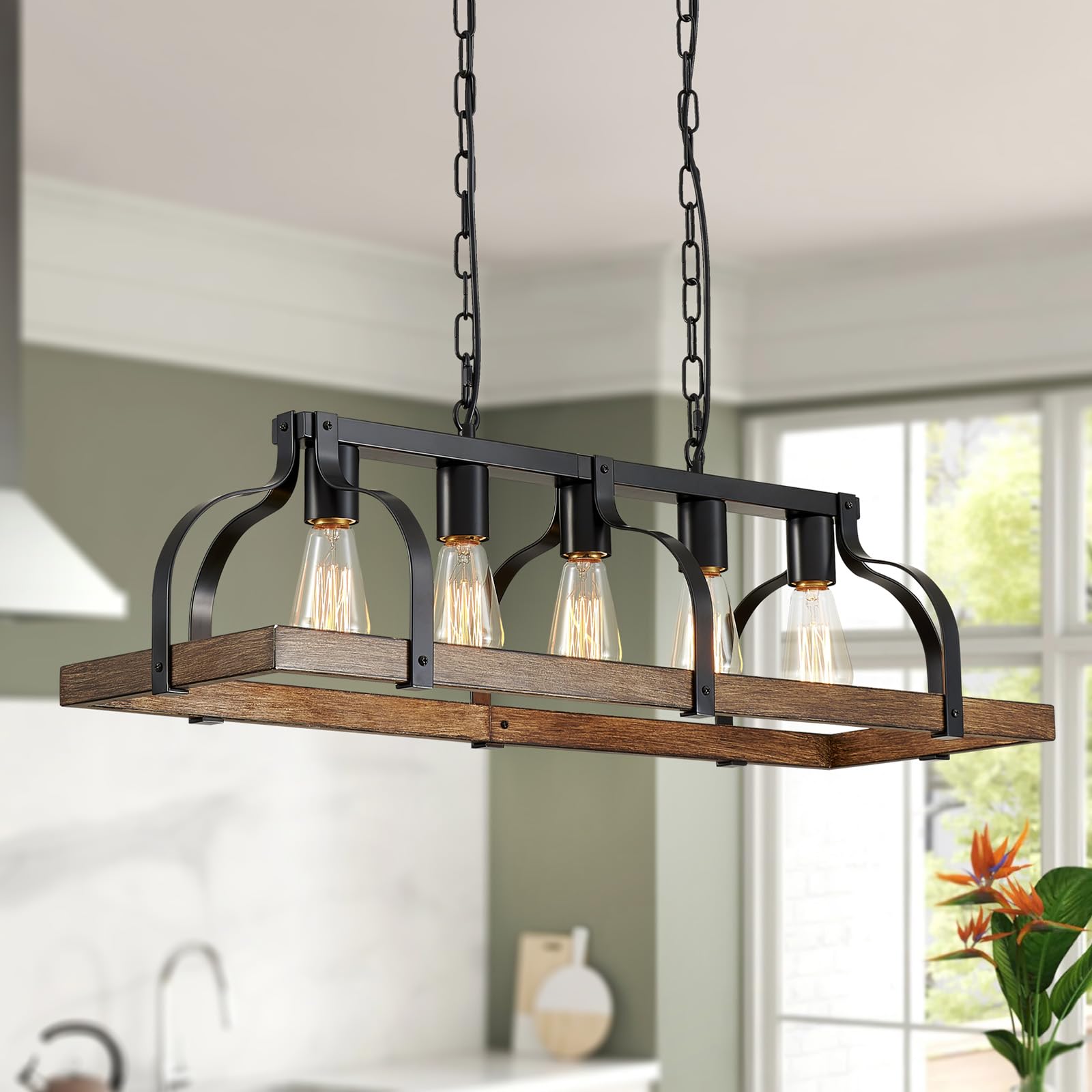 WUZUPS 5-Light Metal Chandelier Imitation Wood Grain Linear Pendant Ceiling Lighting Rustic Farmhouse Fixture Kitchen Island Dining Room, H 8.5" L 31.5" W10, E26 Base, Black & Antique White