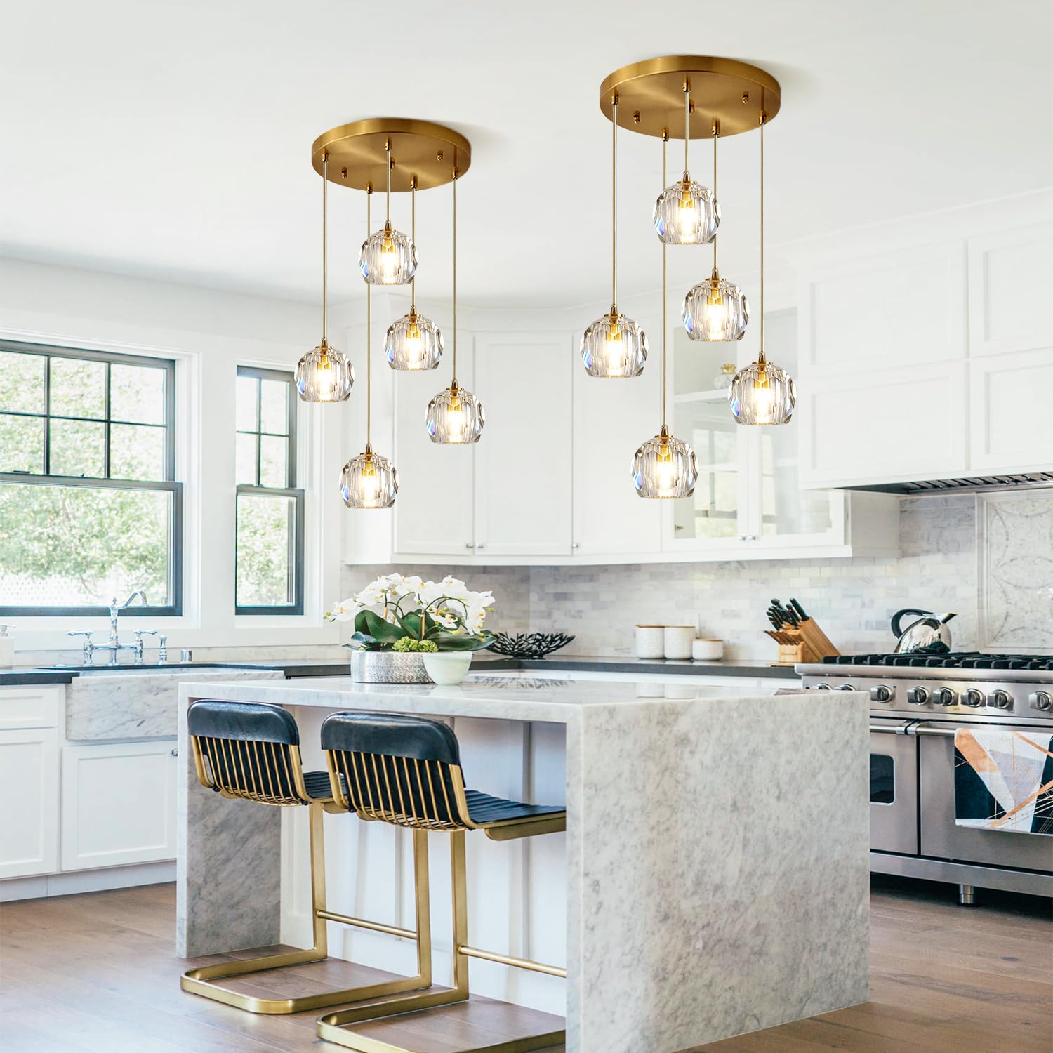 3-Light Cluster Pendant Lighting Crystal Chandelier Gold Hanging Pendant Light Fixture Mid Century Modern Multi Light Pendant Lighting for Dining Room Kitchen Island Bedroom