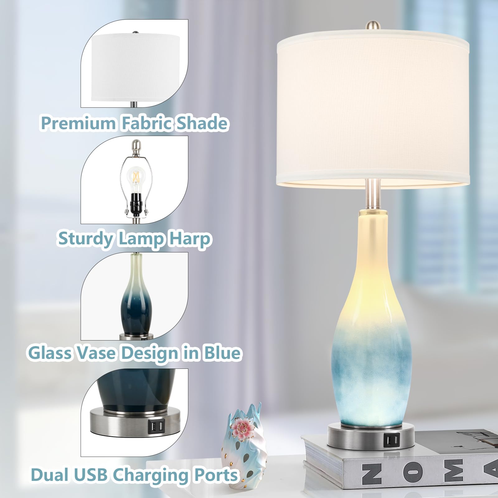 2-Light Farmhouse Rustic Touch Table Lamps Grey, 3-Way Dimmable Bedside Lamps with 2 USB Ports for Bedroom, End Table Lamps for Living Room with Gray Shades, 4 LED Bulbs Included, Set of 2