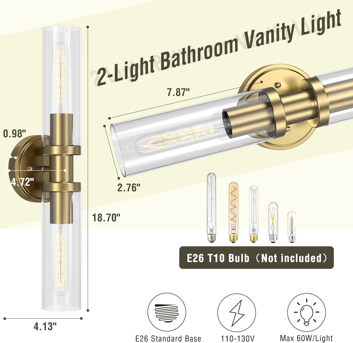 Bathroom Light Fixtures 2-Light Black & Gold, Bathroom Vanity Lights Over Mirror, Wall Sconces, Industrial Bathroom Lighting, Modern Brushed Brass Vanity Lighting Fixtures w/Glass Shades