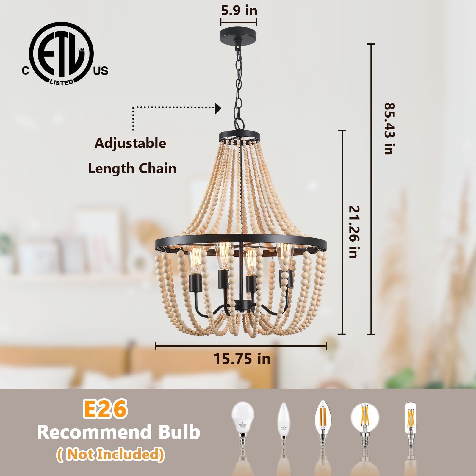 Farmhouse Chandelier,Beaded Chandelier Boho Chandelier 4-Light Large Chandeliers for Dining Room Boho Light Fixture Black Chandelier Wood Chandelier for Bedroom Kitchen Island Foyer Entryway Porch