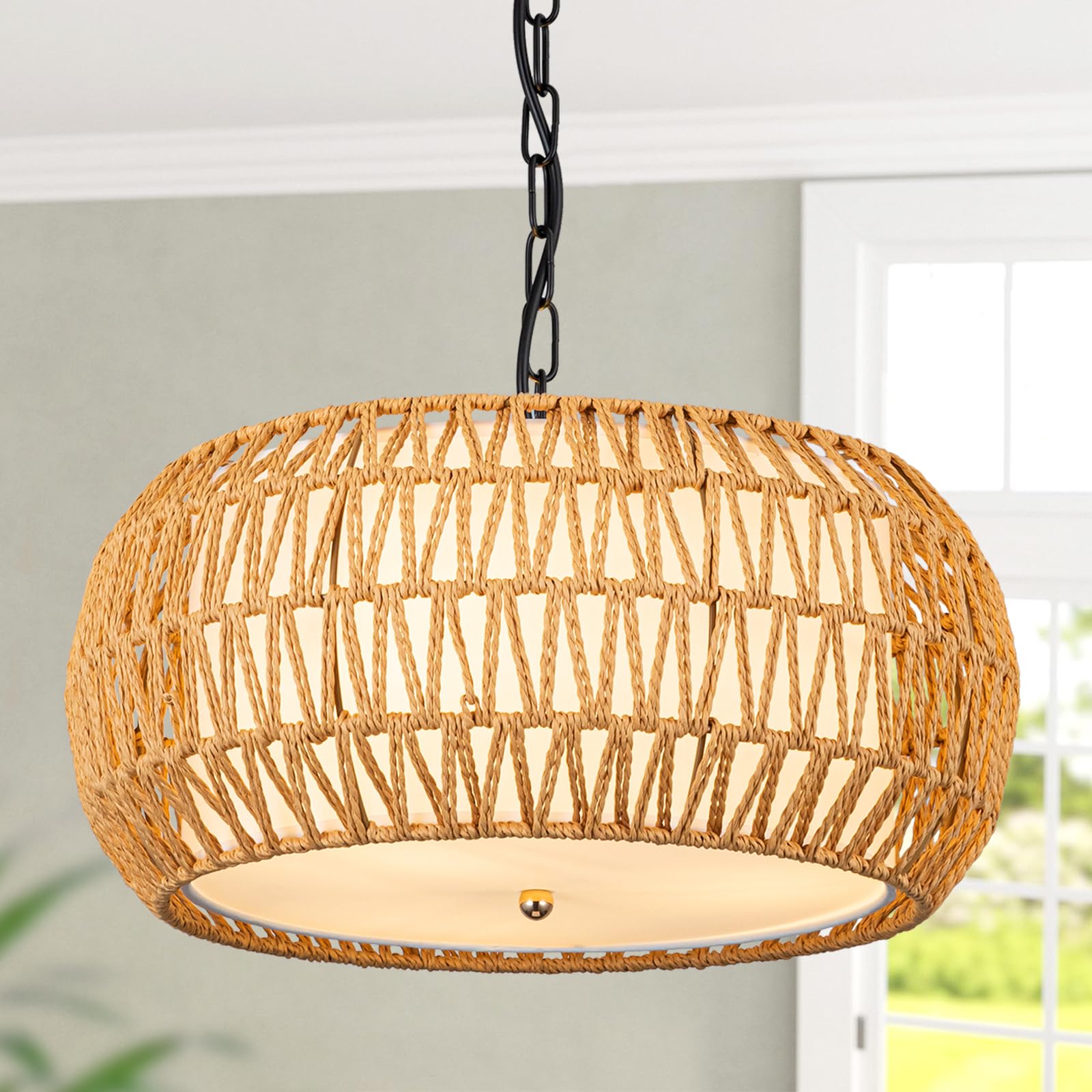 Rattan Pendant Light Fixture Basket Hanging Drum Chandelier Basket Light White Boho Ceiling Light Flush Mount Ceiling Light Woven Kitchen Chandelier for Dinning Room Hallway Bedroom Chandelier