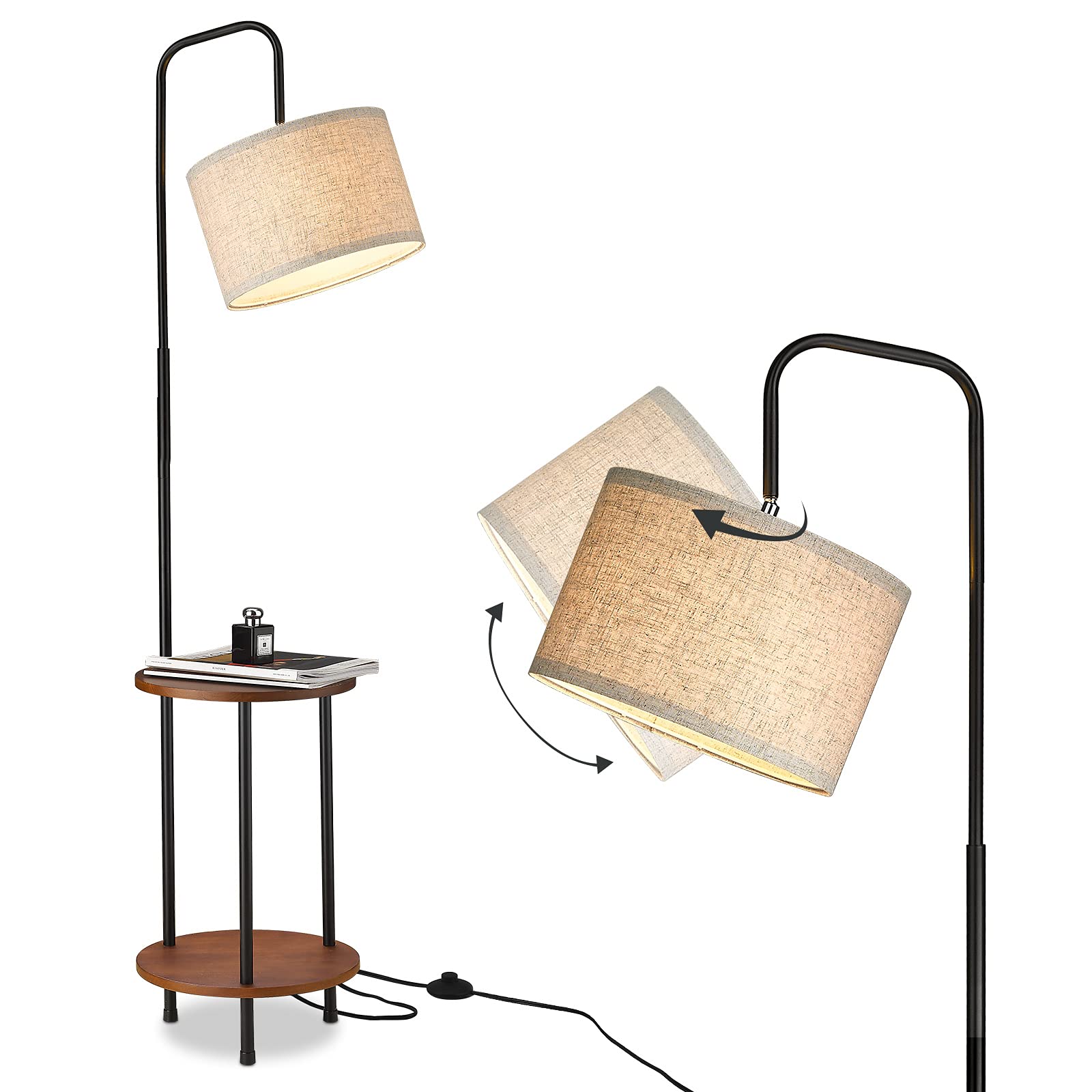 Modern Floor Lamp with End Table, Rubber Wood Bedside Table Lamp with Adjustable Drum Shade, Rustic Tall Pole Shelf Reading Standing Light for Farmhouse Bedroom, Living Room, Office - Walnut