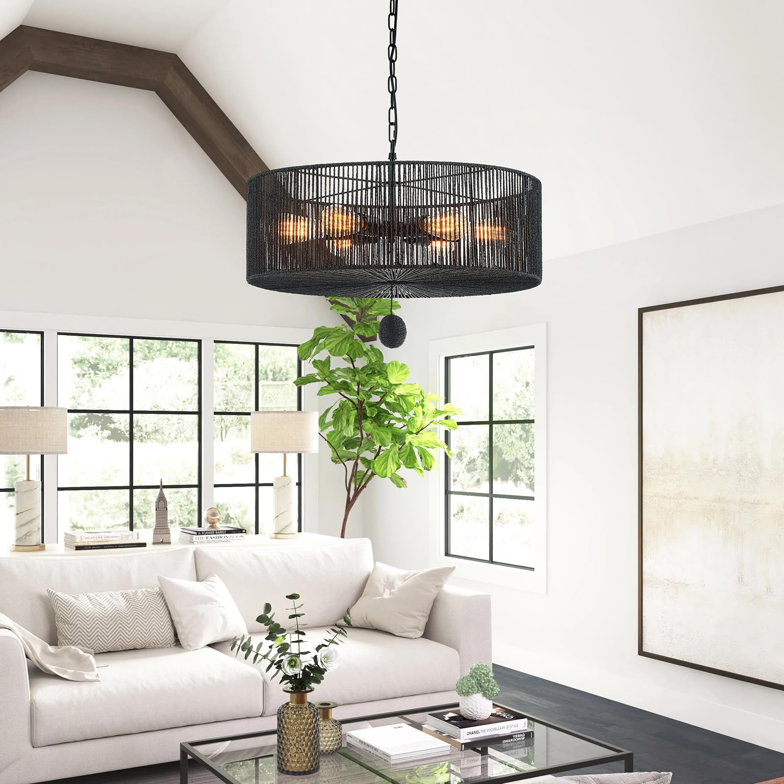 Hand-Woven Rattan Chandelier Vintage Farmhouse Boho Bamboo Chandelier Light Fixture Rustic Retro 5-Lights Drum Wicker Rattan Black Chandelier for Dining Room, Kitchen, Living Room, E12