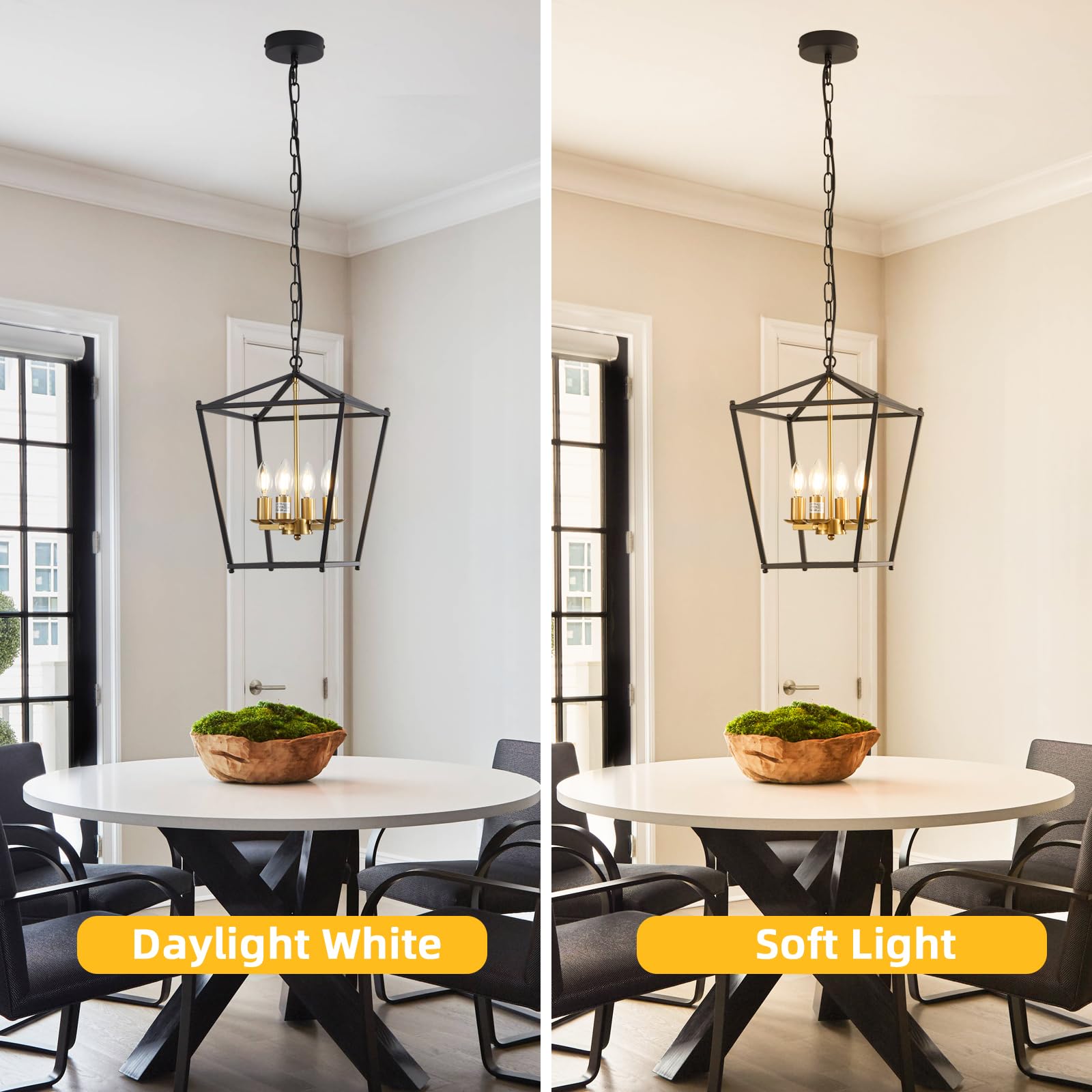 Gold Pendant Light for Dining Room, Lantern Chandelier Light Fixture 4 Lights for Kitchen Island Adjustable Brass Geometric Hanging Light for Foyer Entryway