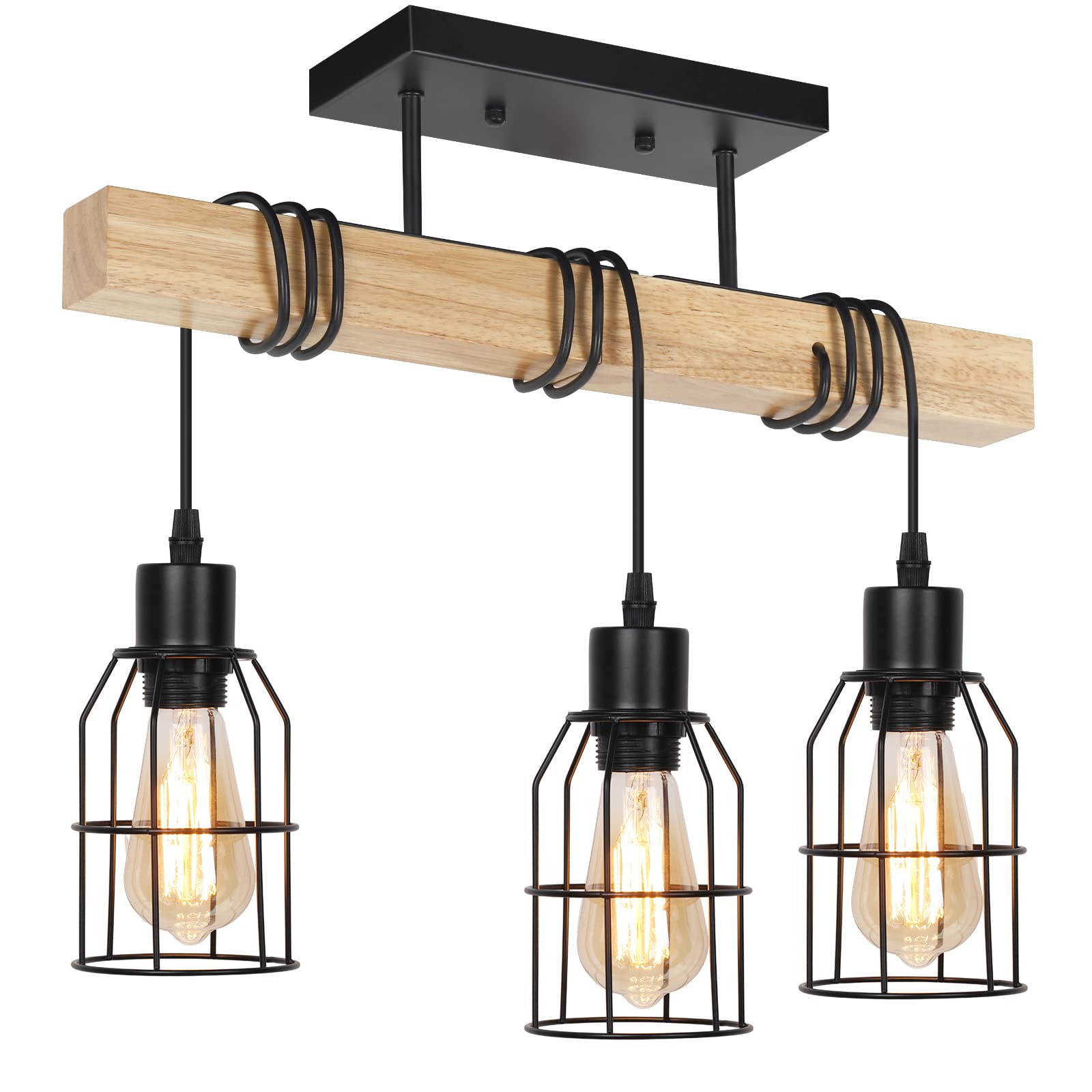 Farmhouse Ceiling Light 3-Light Wood Semi Flush Mount Ceiling Light Fixture Industrial Ceiling Lamp for Bedroom Living Room Entryway