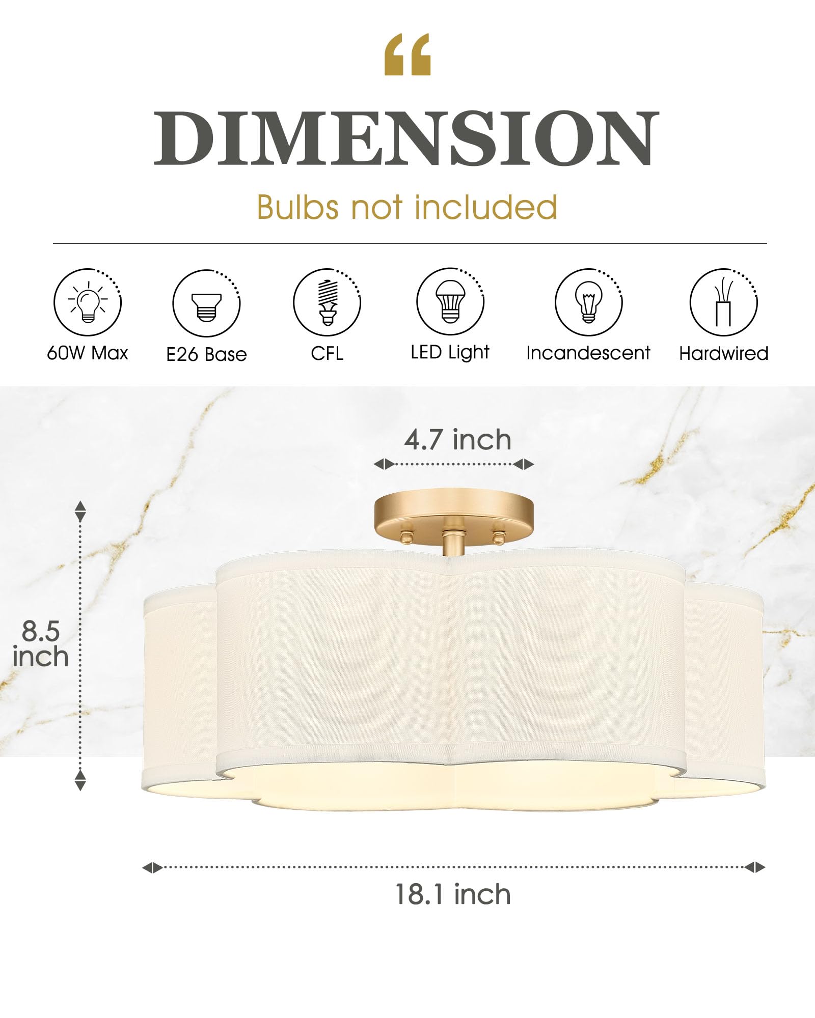 Gold Semi Flush Mount Ceiling Light, Close to Ceiling Light Fixtures with Fabric Shade in Quatrefoil Shape, Farmhouse Brass Ceiling Light for Kitchen Dining Hallway Bedroom, AD-22007-4SF-GD