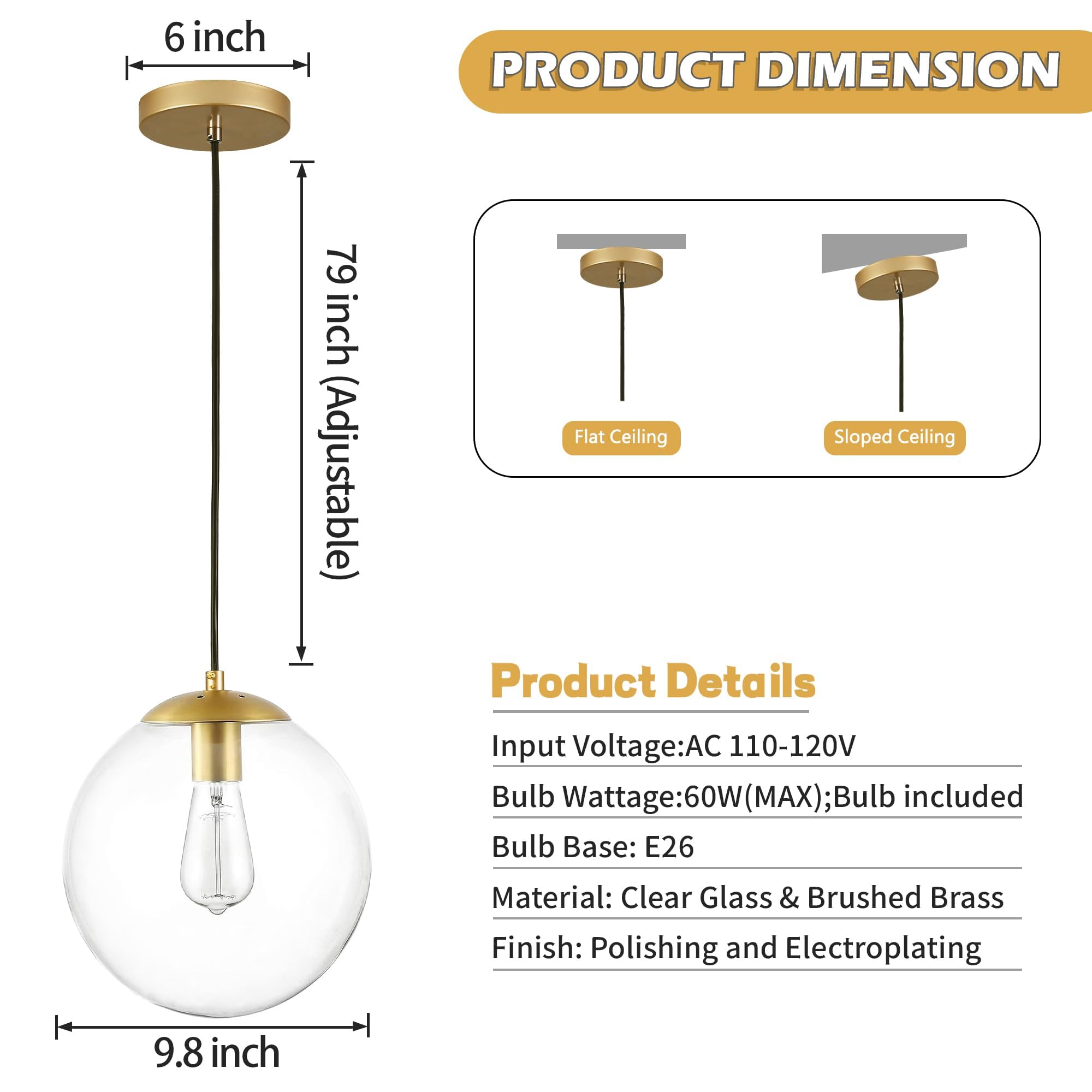 6-inch Mini Modern Globe Pendant Light Clear Glass with Brass Finish Contemporary Mid Century Adjustable Hanging Light Fixture for Living Room Bedroom Kitchen