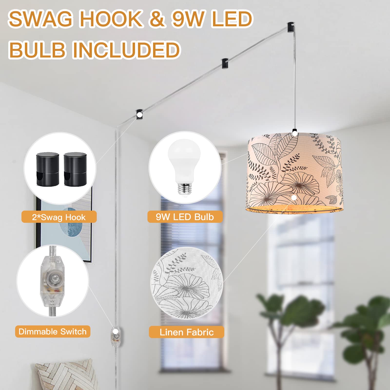 Plug in Pendant Light, Hanging Light with Plug in Cord with Dimmable Switch, Hanging Lamp with 15 ft Clear Cord, Pendant Light Fixture for Bedroom Kitchen Island (Bulb Included)