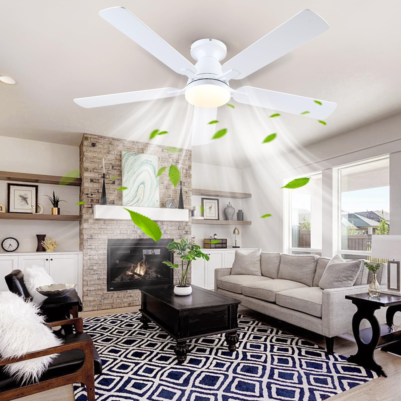 Ceiling Fans with Lights- 46"Low Profile Indoor Ceiling Fan with Light and Remote/APP Control, Flush Mount, LED Dimmable DC Reversible Modern Ceiling Fan for Bedroom（Black）