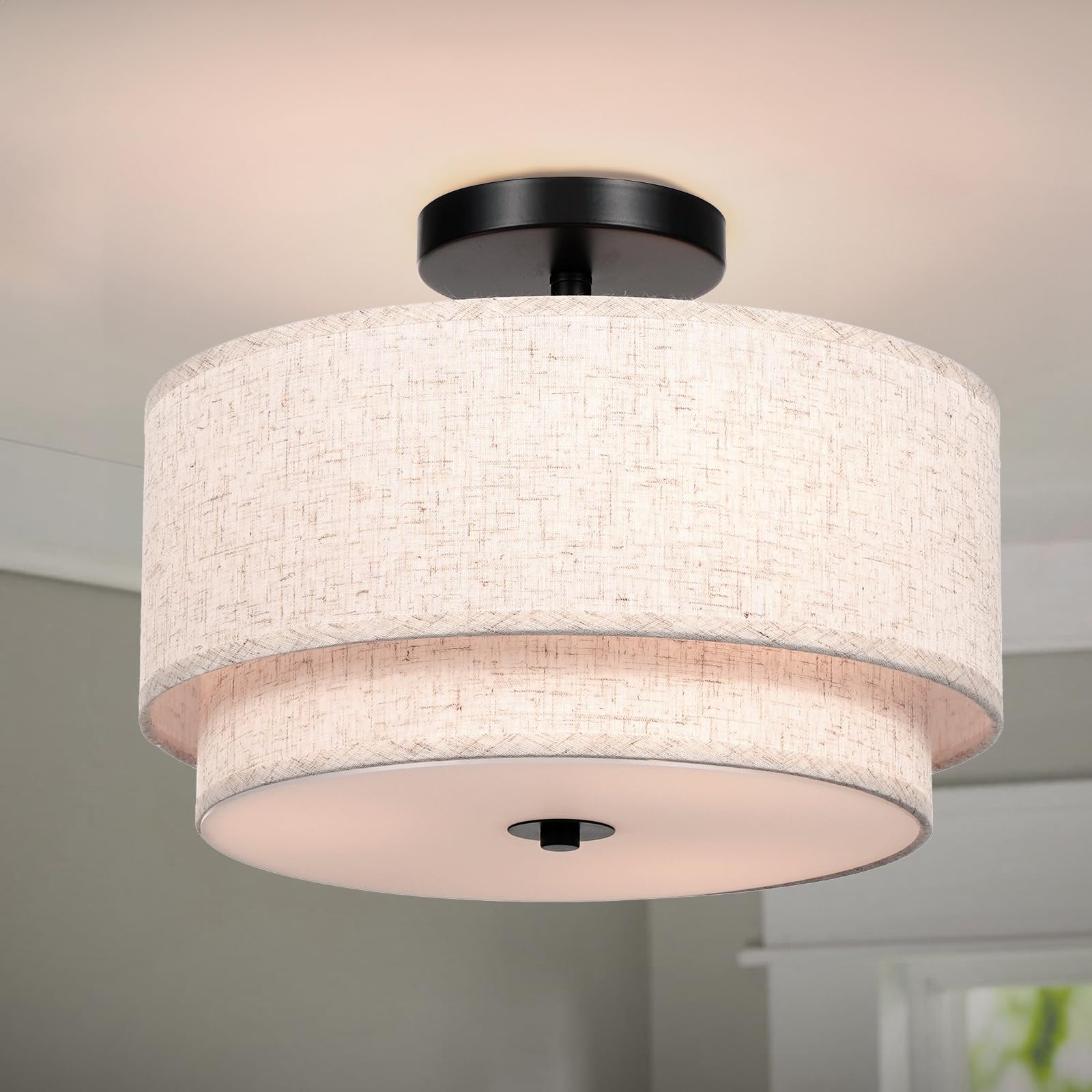 Modern Semi Flush Mount Ceiling Light - Easric Light Fixtures Ceiling Mount Hallway Light Fixtures Ceiling with Black 2-Layer Fabric Shade Drum Ceiling Lights for Bedroom,Dining Room,Kitchen,Foyer