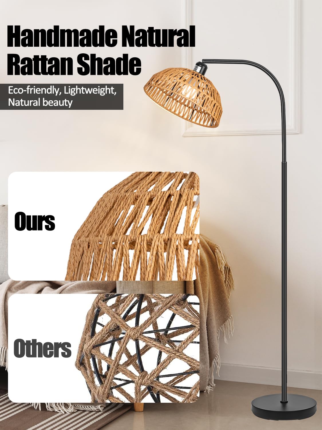 Rattan Floor Lamp- Boho Standing Lamp with Remote Control and Dimmable Bulb, Hand-Worked Adjustable Rattan Shades, Black Farmhouse Tall Lamp, Boho Arc Floor Lamps for Living Room, Bedroom, Office