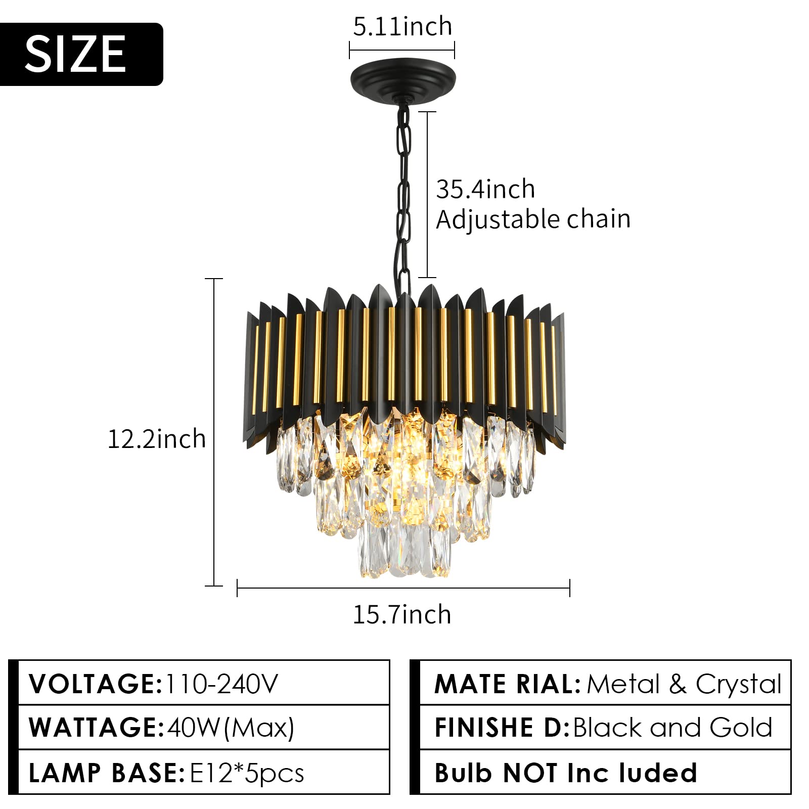 Modern Crystal Chandeliers 3 Tiers Black and Gold Chandelier Pendant Light Fixtures Round Flush Mount Chandeliers Ceiling Lighting for Living Room Dining Room Foyer Bedroom Entryway Kitchen W16in