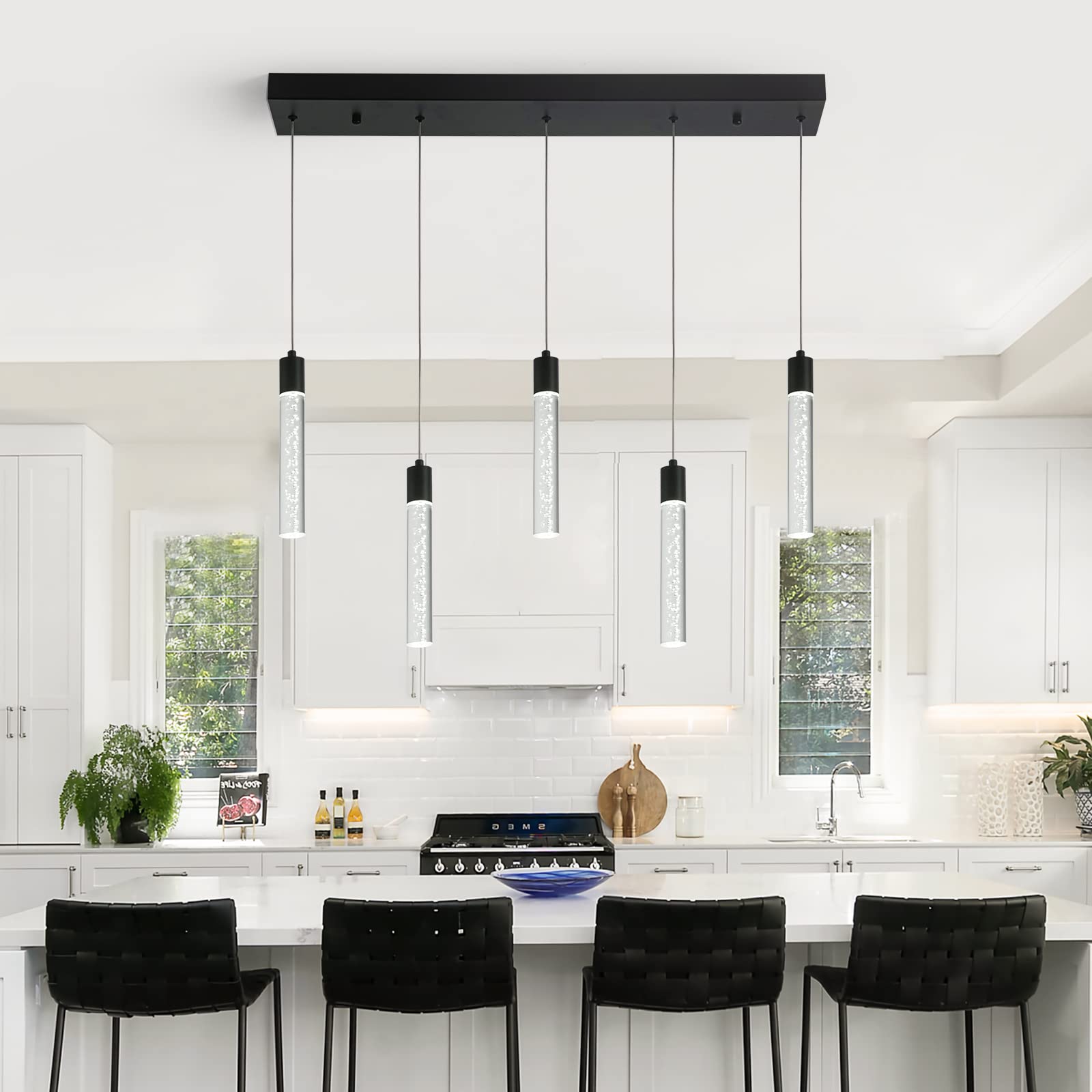 Modern Pendant Lighting 5-Light Linear Chandeliers Dimmable LED Pendant Lights Kitchen Island Lighting with Matte Black Finish and Acrylic Shades for Kitchen Island and Dining Room…