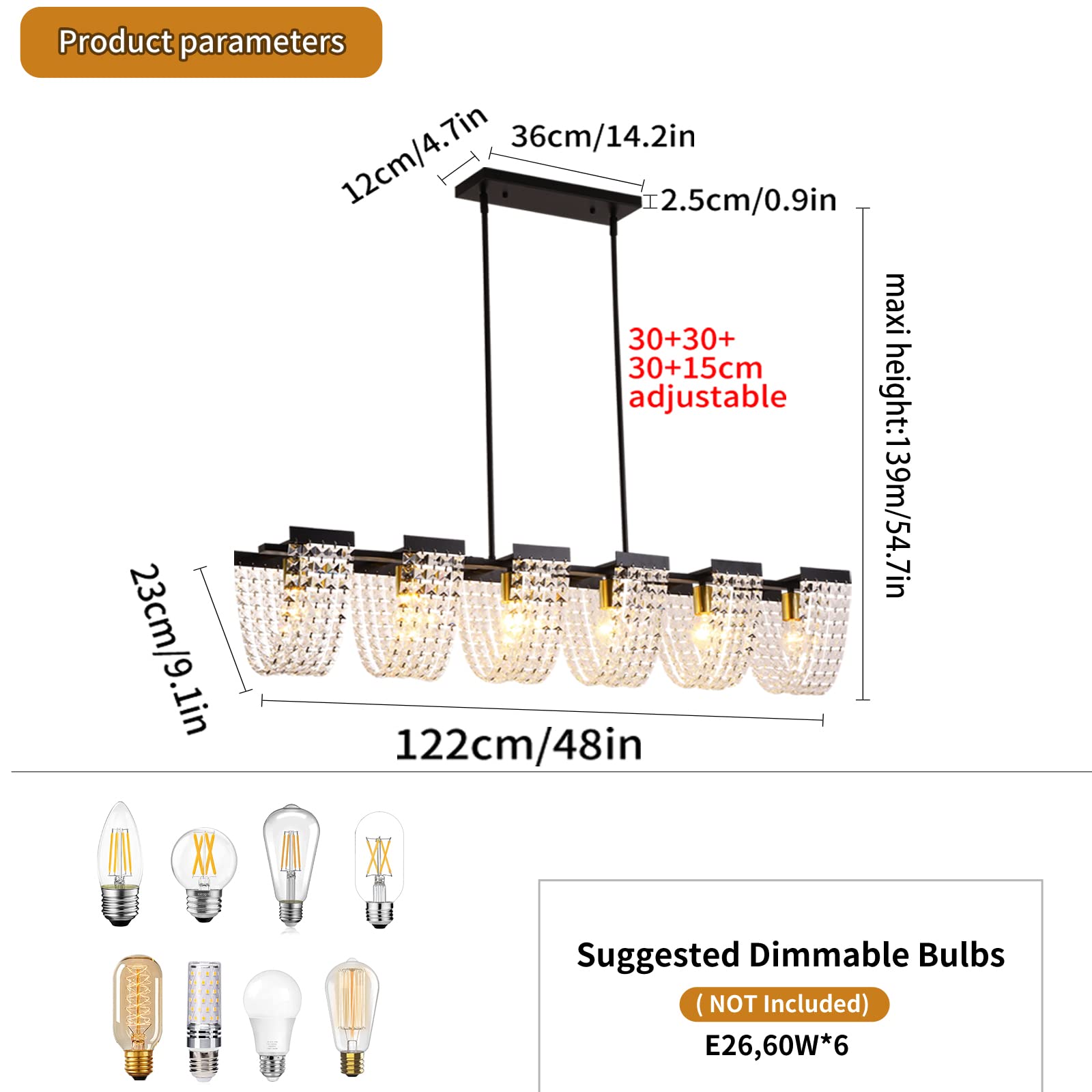 Island Light for Kitchen,6 Lights Dining Room Light Fixture,Brass Adjustable Modern Chandelier Linear Ceiling Pendant Lights Over Table with Crystal Shade(48" Length)