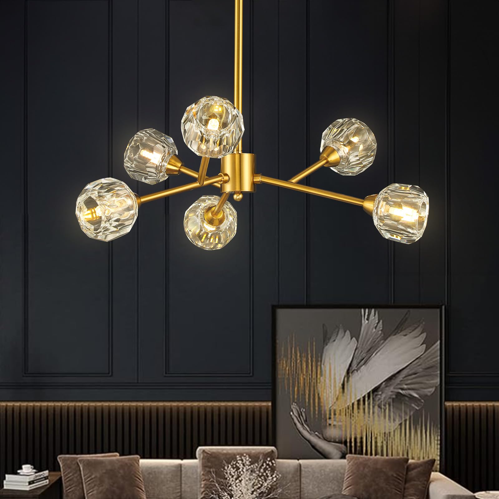 Sputnik Chandeliers for Dining Room Light Fixture, Modern Crystal Chandeliers, 9 Lights Gold Chandelier for Living Room Bedroom, Dining Room Chandelier Over Table, Kitchen Light Fixtures