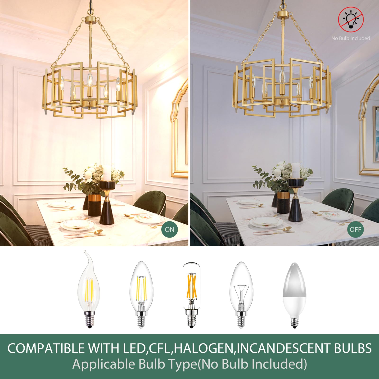 Gold Chandelier 5-Light Modern Kitchen Island Lighting Fixtures, Farmhouse Pendant Light 20 inches Retro Height Adjustable Ceiling Light for Dining Room, Bedroom, Living Room,Foyer