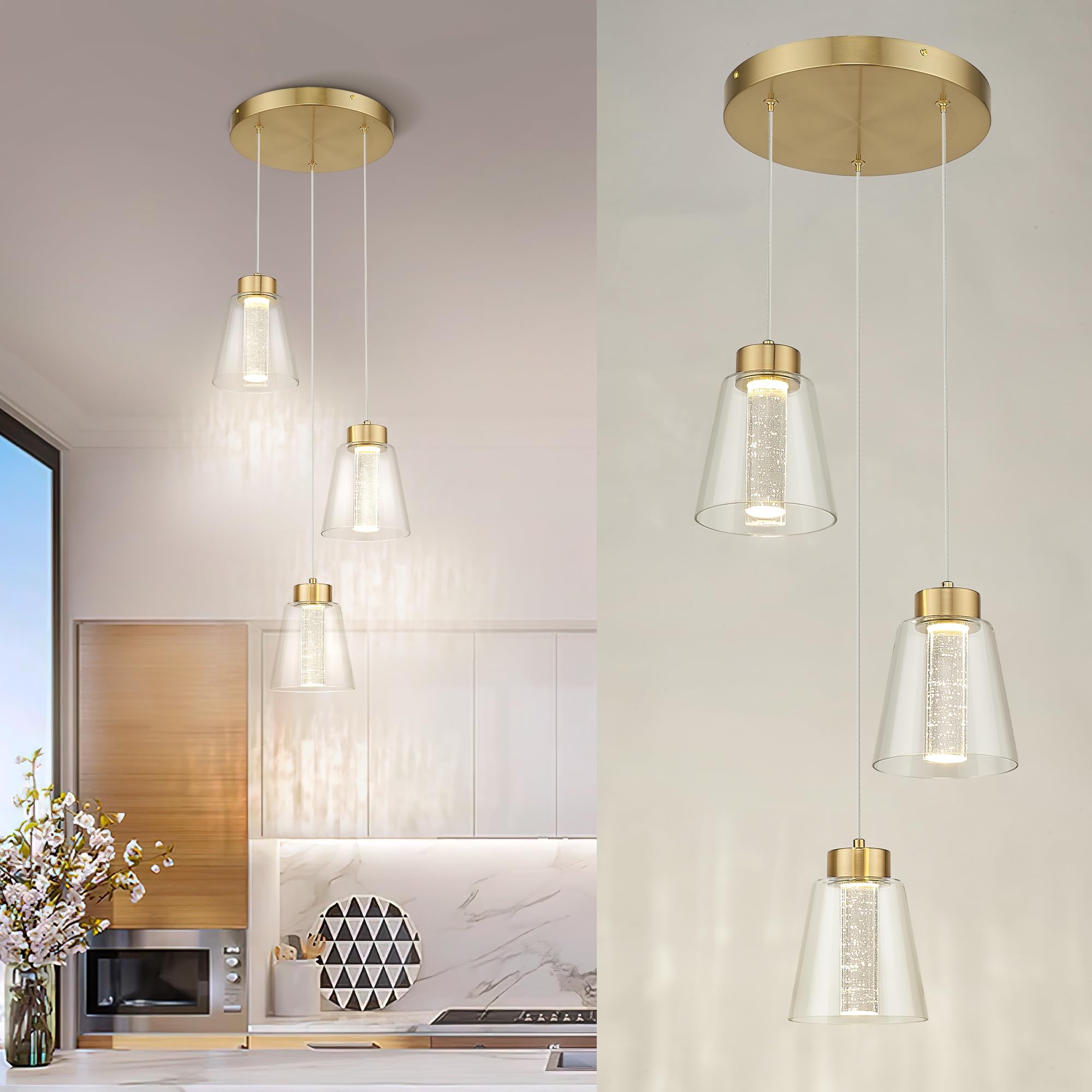 Black Pendant Light Fixtures, 3-Light Led Pendant Lights with Dual Glass Shade, Modern Cluster Hanging Lights for Kitchen Island, Bedroom, Dining Room, 3CCT Adjustable KDPL04-BK-3L