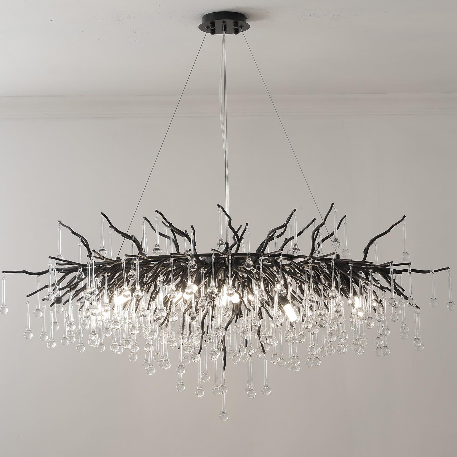 Black Crystal Chandelier, Modern Ceiling Pendant Flower Hanging Lighting Frosted Tree Branch Raindrop Chandelier Light Fixture for Dining Room, Living Room, Bedroom, Entryway (Dia 24" Round)