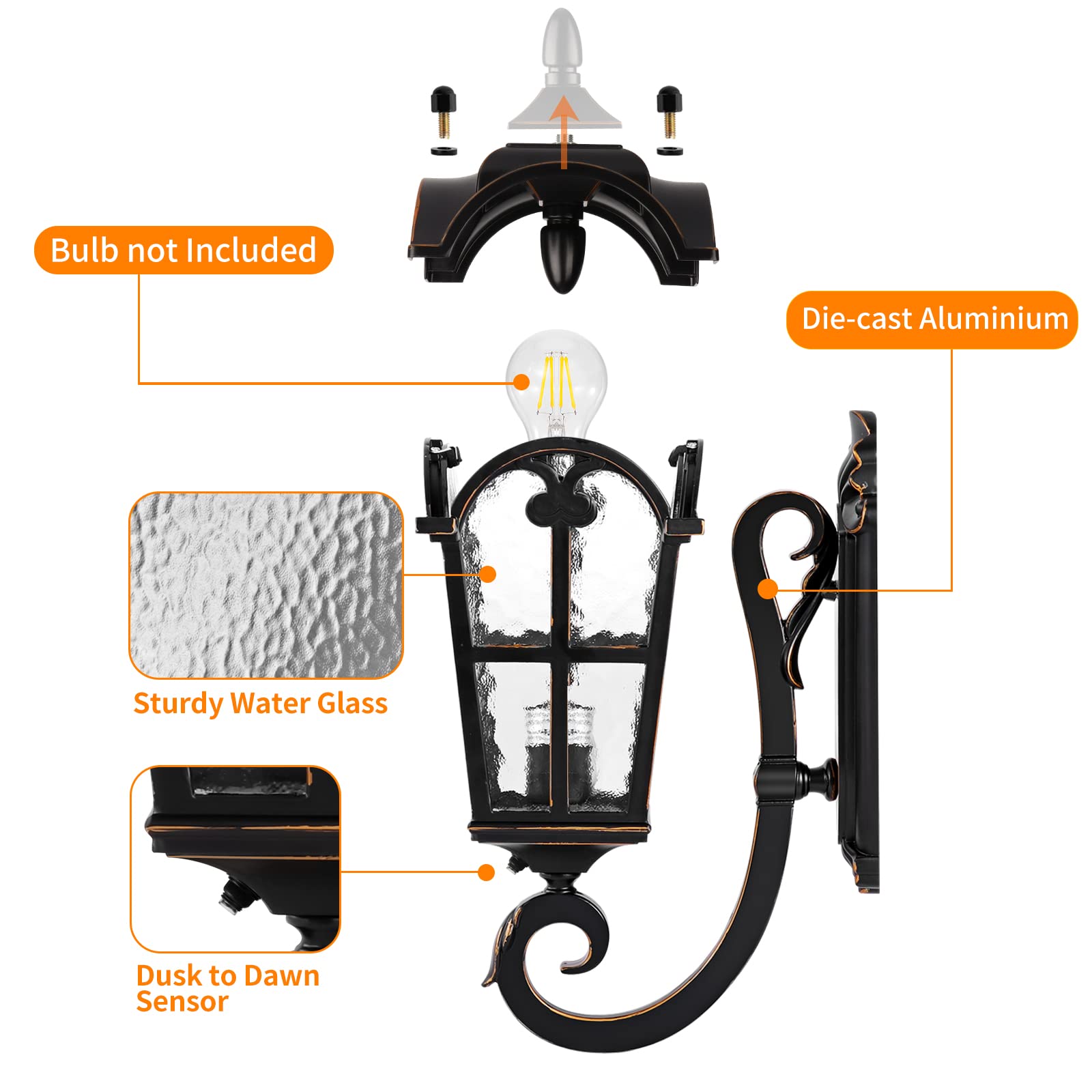 PARTPHONER Outdoor Wall Light Fixtures Black Roman 17.71" H Exterior Wall Lantern Waterproof Sconce Porch Lights Wall Mount with Water Glass Shade for House