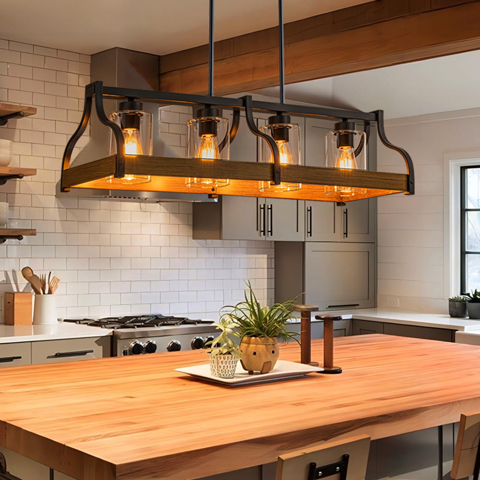 Farmhouse Kitchen Island and Dining Room Chandelier,Rustic 4-Light Linear Pendant Light Fixture with Adjustable Height and High Brightness,Black Industrial Hanging Light