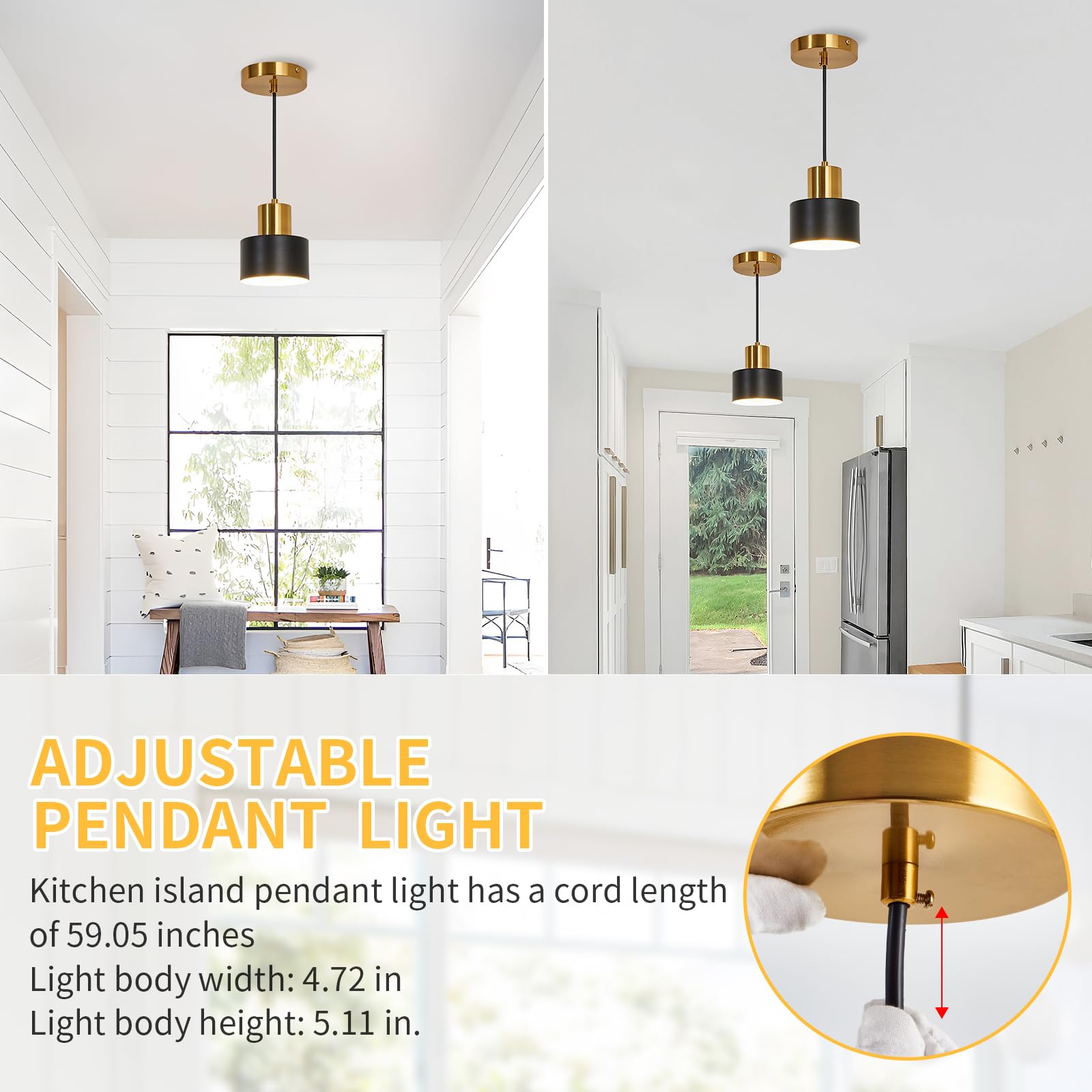 Industrial Mini Pendant Light Fixture Black and Gold Farmhouse Modern Adjustable Matte Hanging Chandelier Ceiling Light for Kitchen Island Dining Room Foyer Hallway Bedroom(1 Pack,Small)