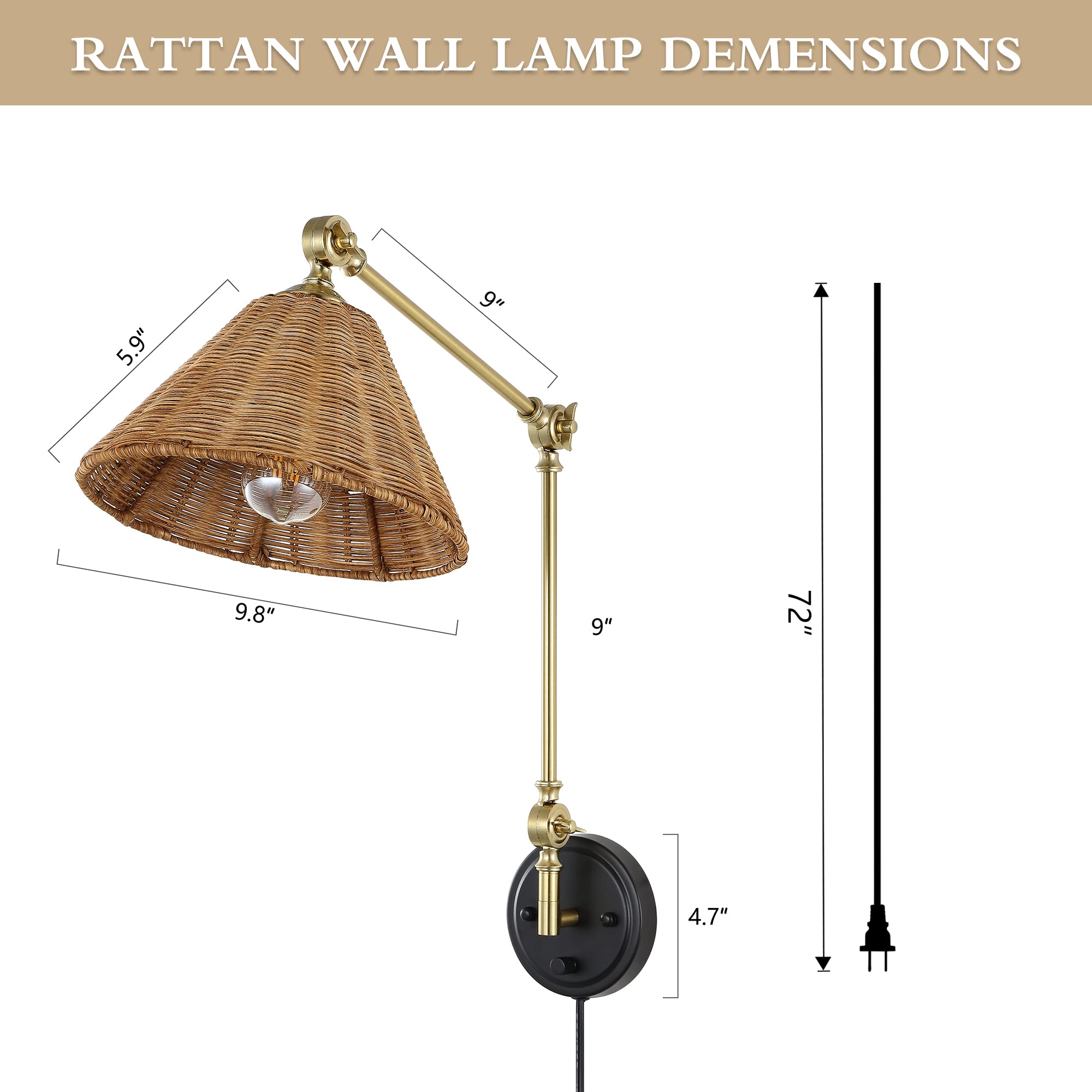 Wall Sconce Rattan Wrapped Wall Lamp, Adjustable Swing Arm Wall Light Gold Vintage Bedside Light Fixture Wicker Handmade Shade Brass Reading Light Plug in or Hardwire (2 Pack)