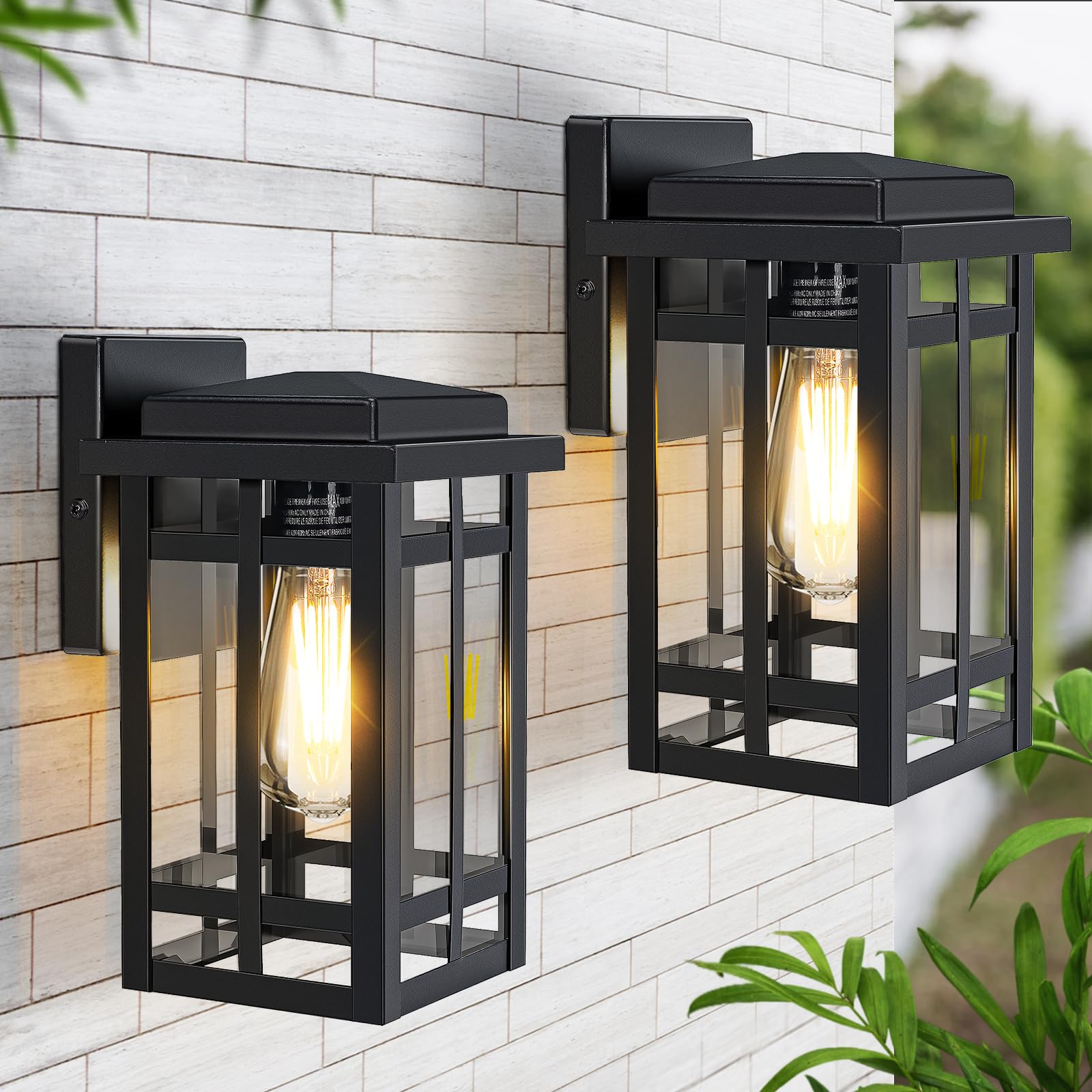 Outdoor Wall Light Fixtures 9.76'', Waterproof Porch Lights Wall Lanterns, Exterior Modern Matte Black Wall Mount Lighting, Anti-Rust E26 Socket Wall Scones for Front Door Garage, 2 Pack