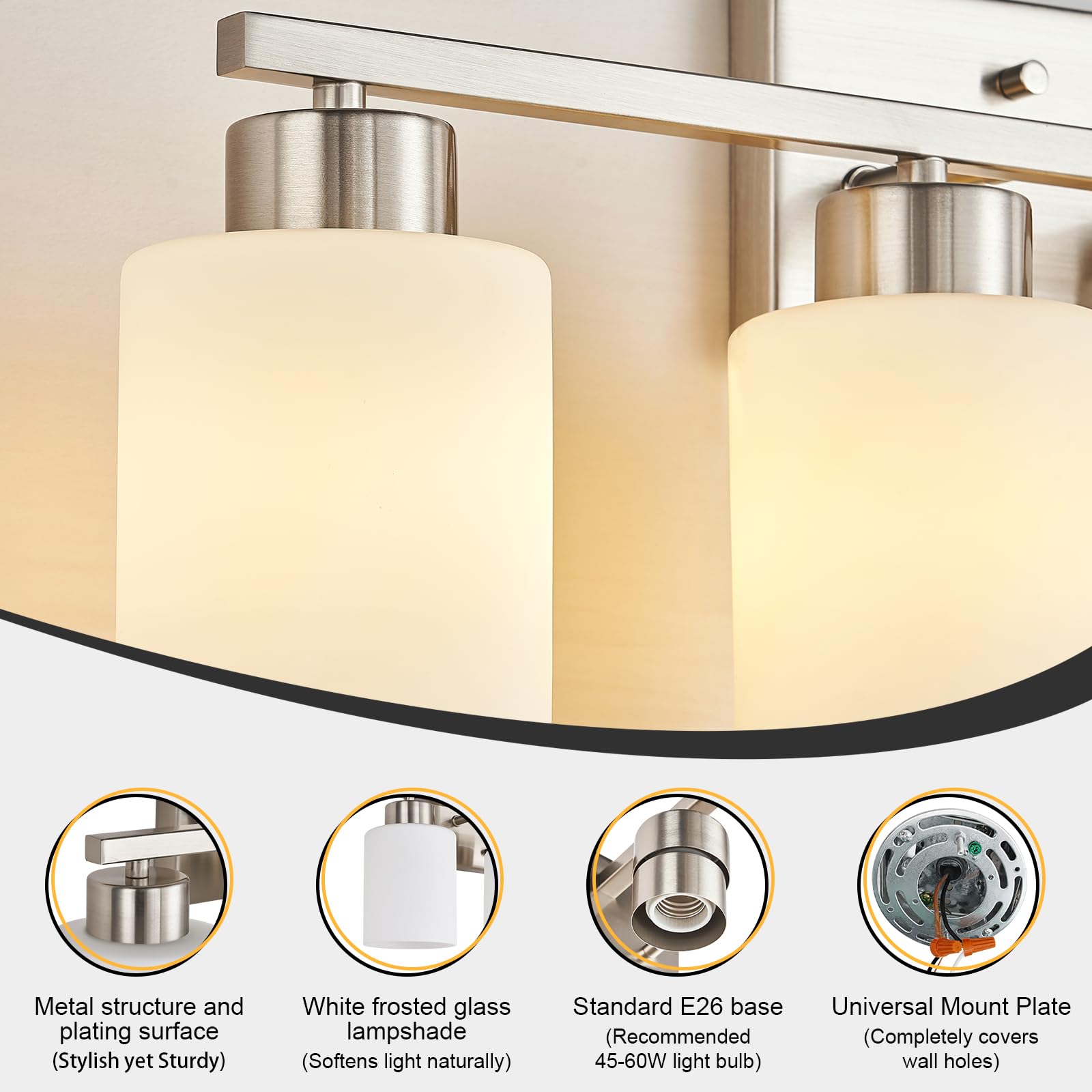 Brushed Nickel Bathroom Light Fixtures, 3-Light Modern Vanity Light Over Mirror, Wall Sconces with Milky White Frosted Glass Shades, E26 Socket (Bulbs Not Included)