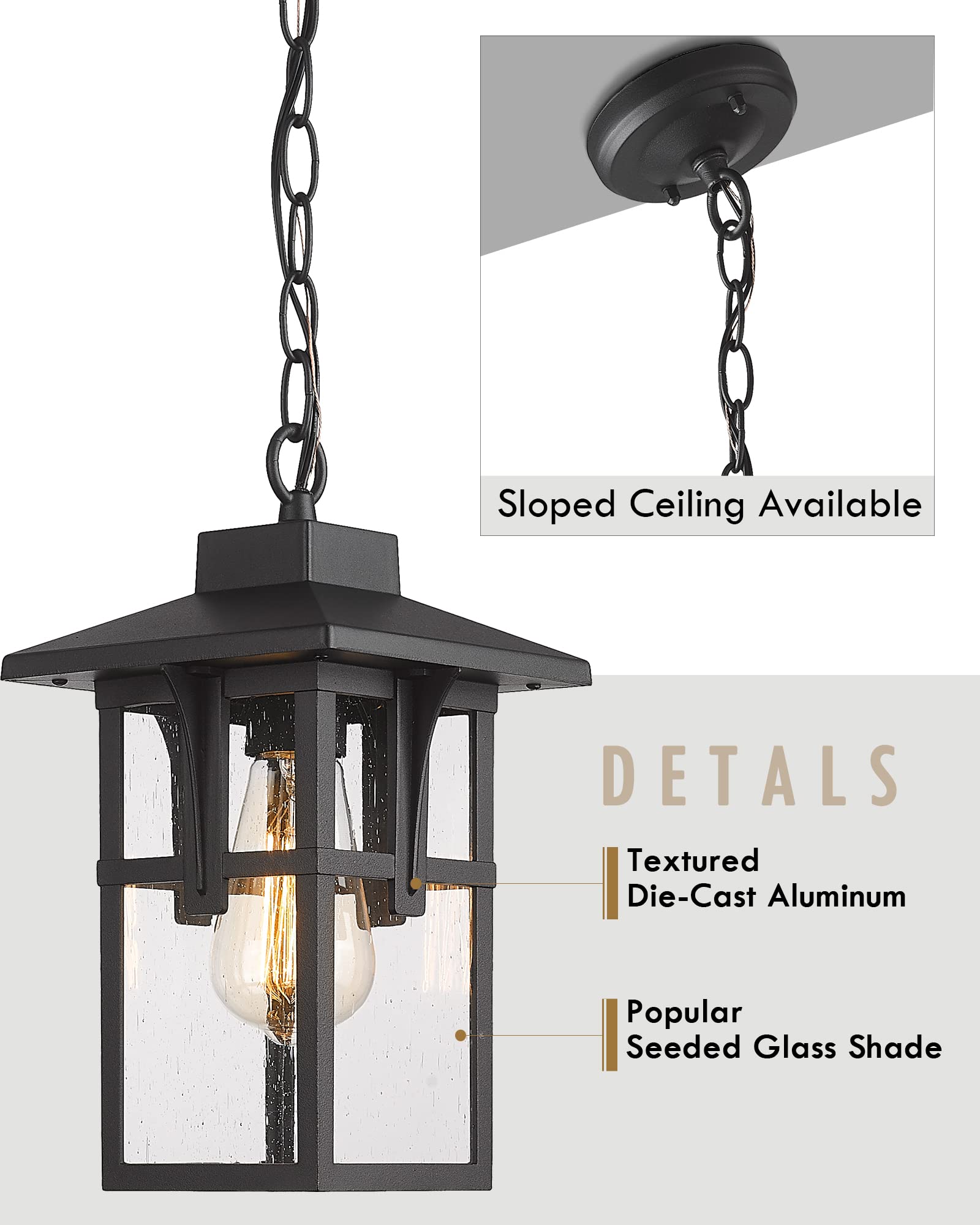 Outdoor Pendant Lights for Porch, HWH Exterior Hanging Porch Light, Farmhouse Outdoor Pendant Lighting with Height Adjustable Chain, Seeded Glass Shade, Matte Black Finish with Gold Edge, 5HX62H BG