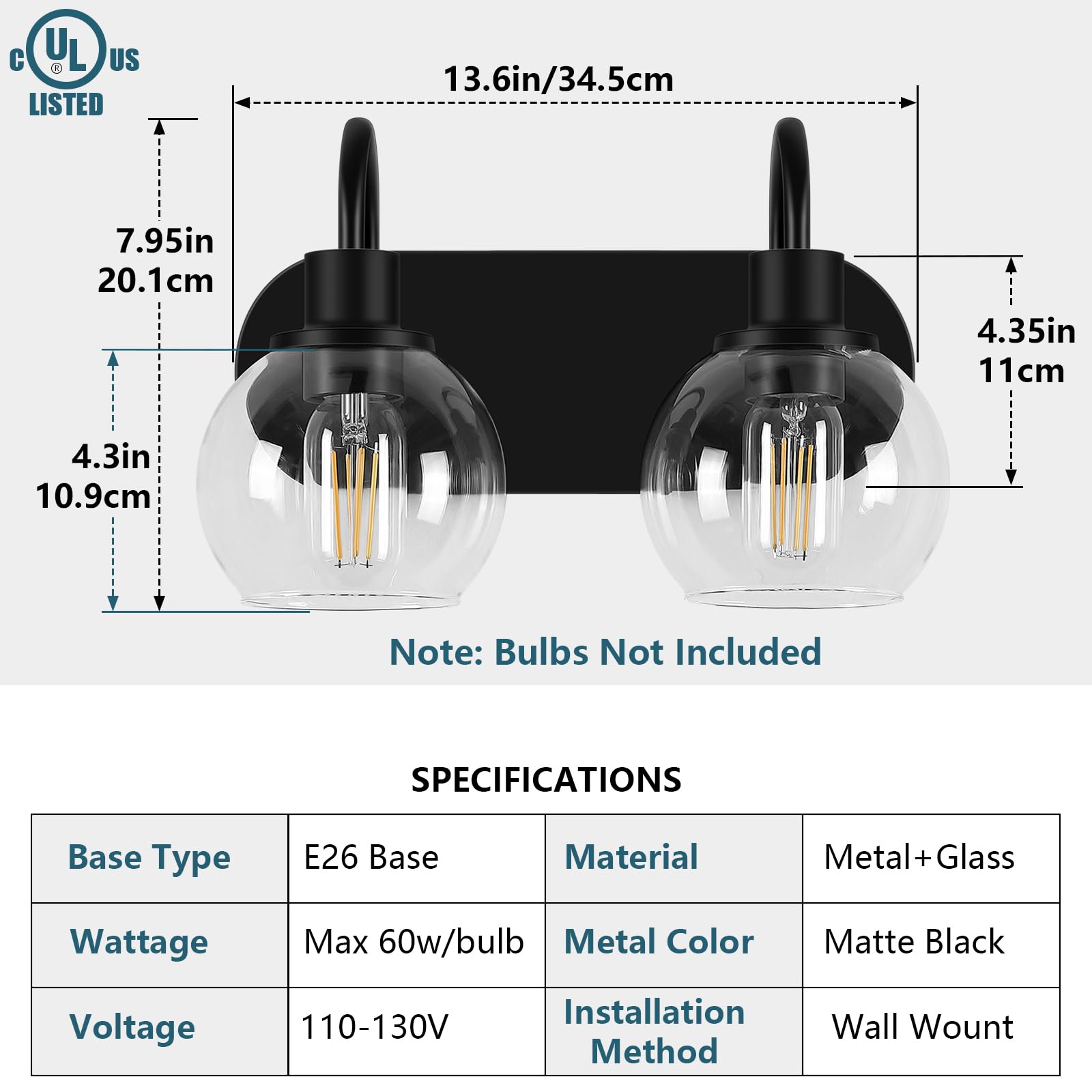 Industrial Bathroom Vanity Light， 4-Light Bathroom Lights Over Mirror with Clear Glass Globe Shade and Metal Base, Matte Black Bathroom Vanity Light Fixture