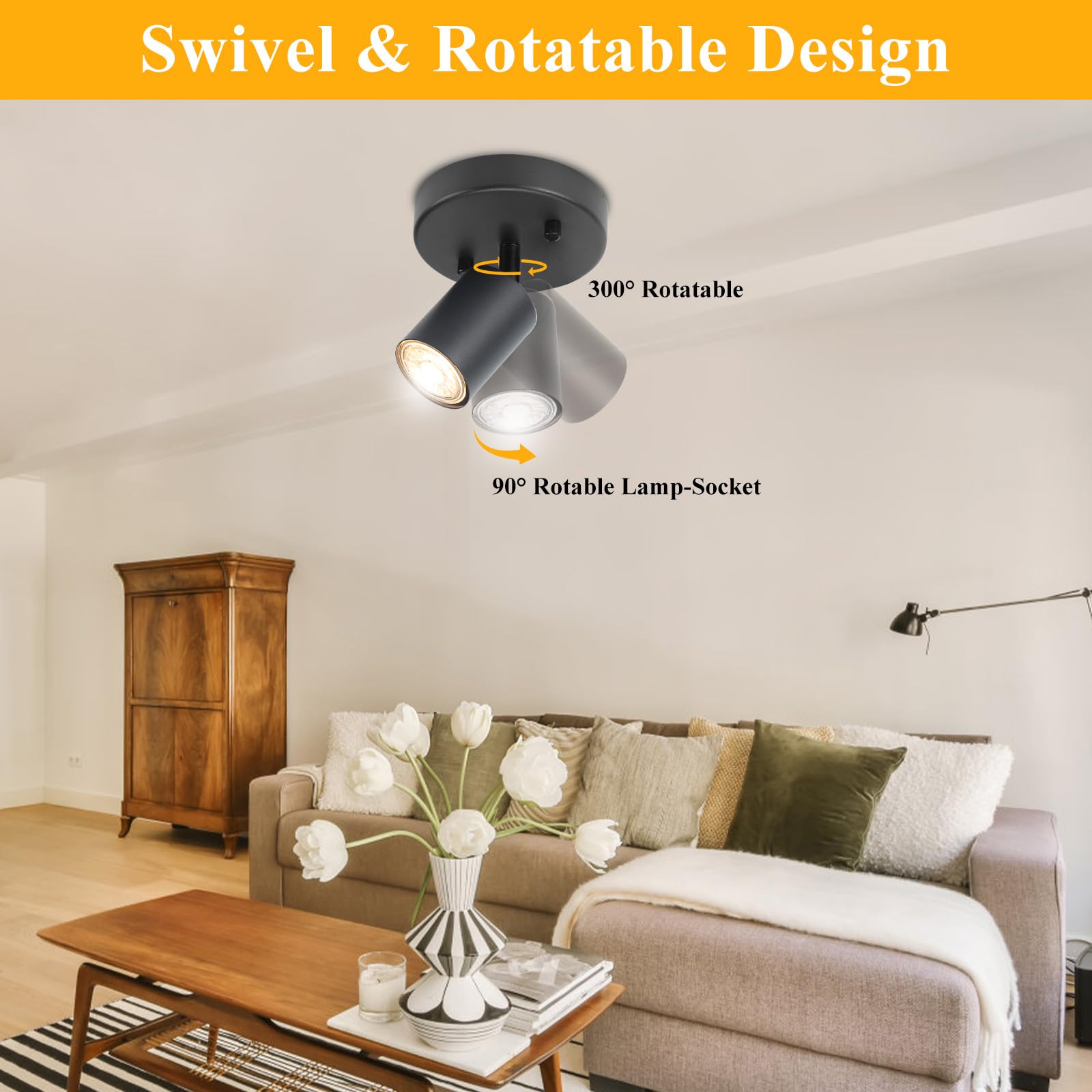 LED 2 Light Track Lighting Kit, Black 2 Way Ceiling Spot Lighting, Flexibly Rotatable Light Head for Kitchen, Living Room, Bedroom, GU10 Bulb Not Included