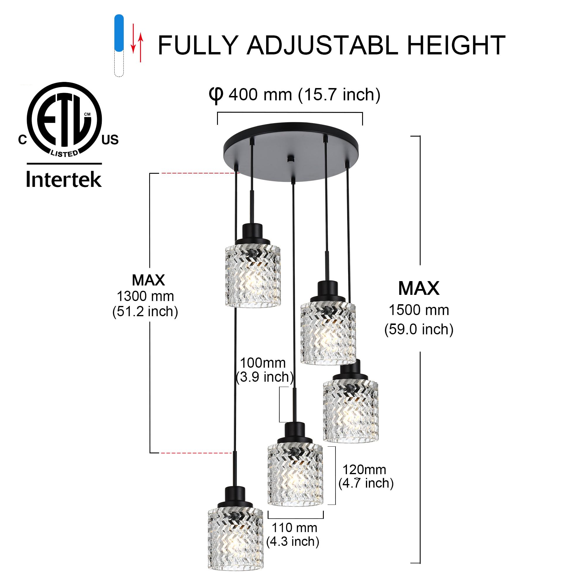 6 Lights Linear Chandeliers for Dining Room, Black Island Lighting Fixture Hanging Pendant Lights with Hammered Glass Shade for Kitchen Island, Dining Hall, Bar