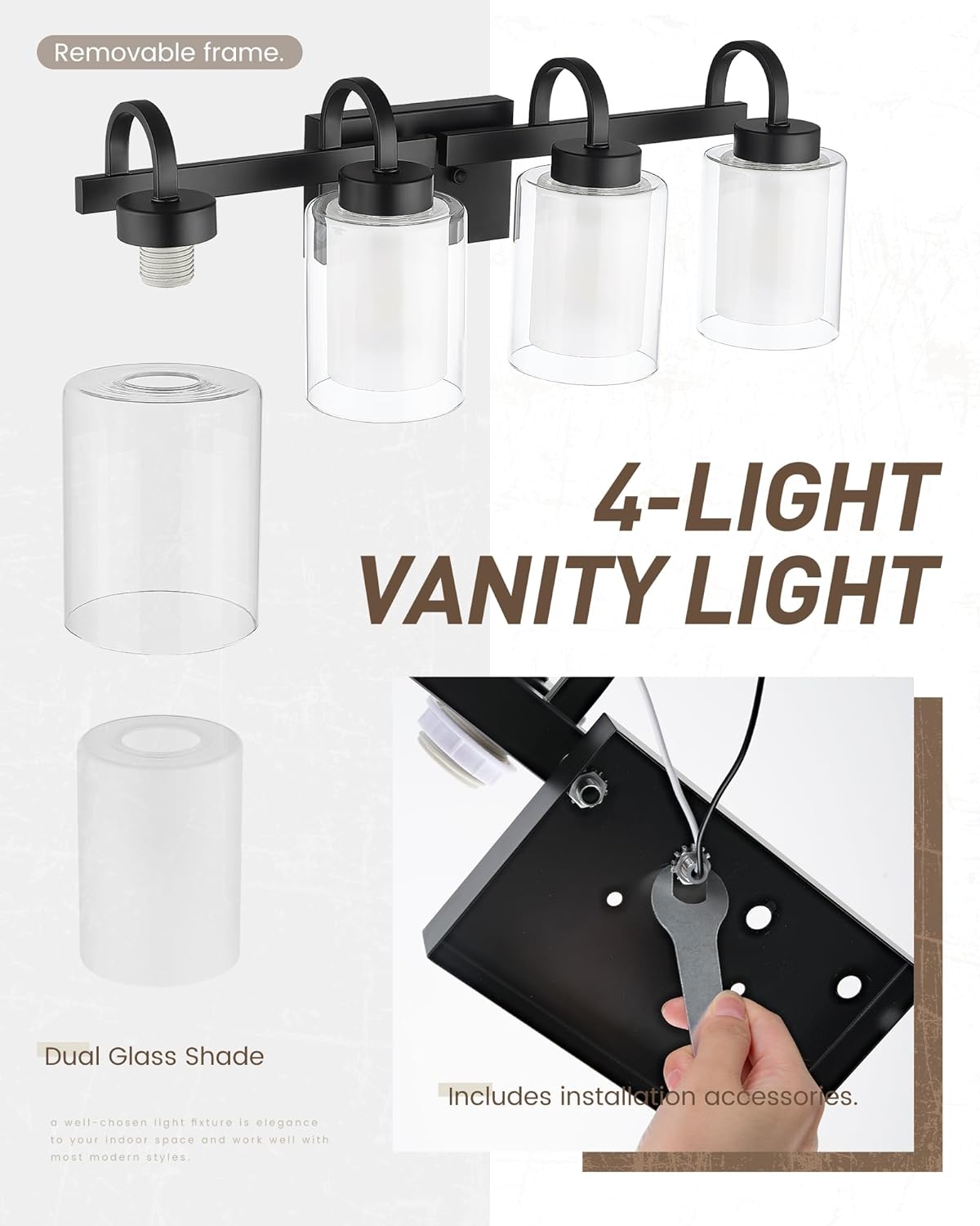 3-Light Bathroom Vanity Light, Brushed Nickel Vanity Light Over Mirror, Farmhouse Wall Sconces with Dual Glass Shade, Modern Wall Lamp for Bathroom Hallway Living Room