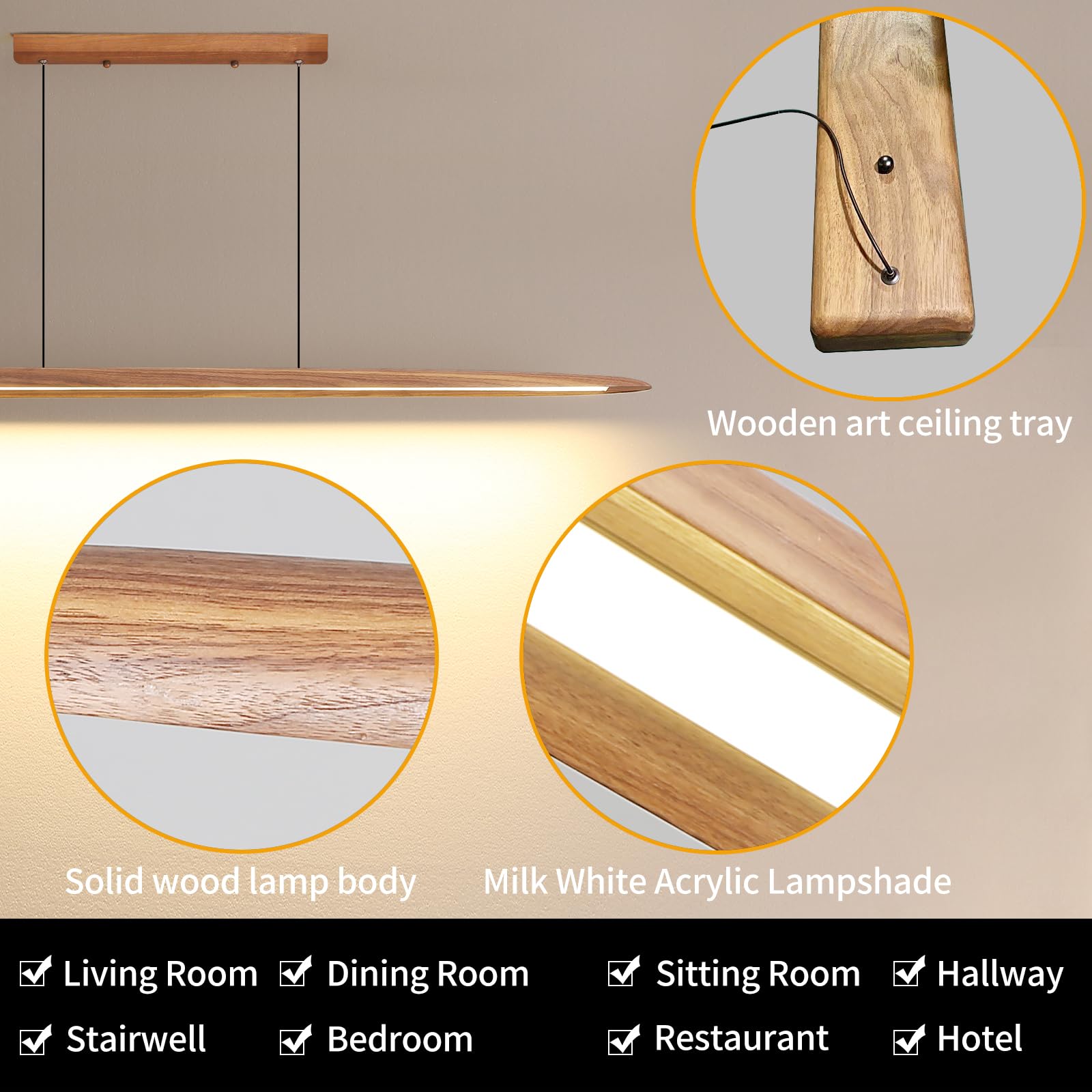 Wooden Linear Pendant Light, 47" Dimmable Pool Table Island Lights for Kitchen, LED Ceiling Pendant Lamp for Dining Room Billiard Room, Adjustable Height，Natural Ash