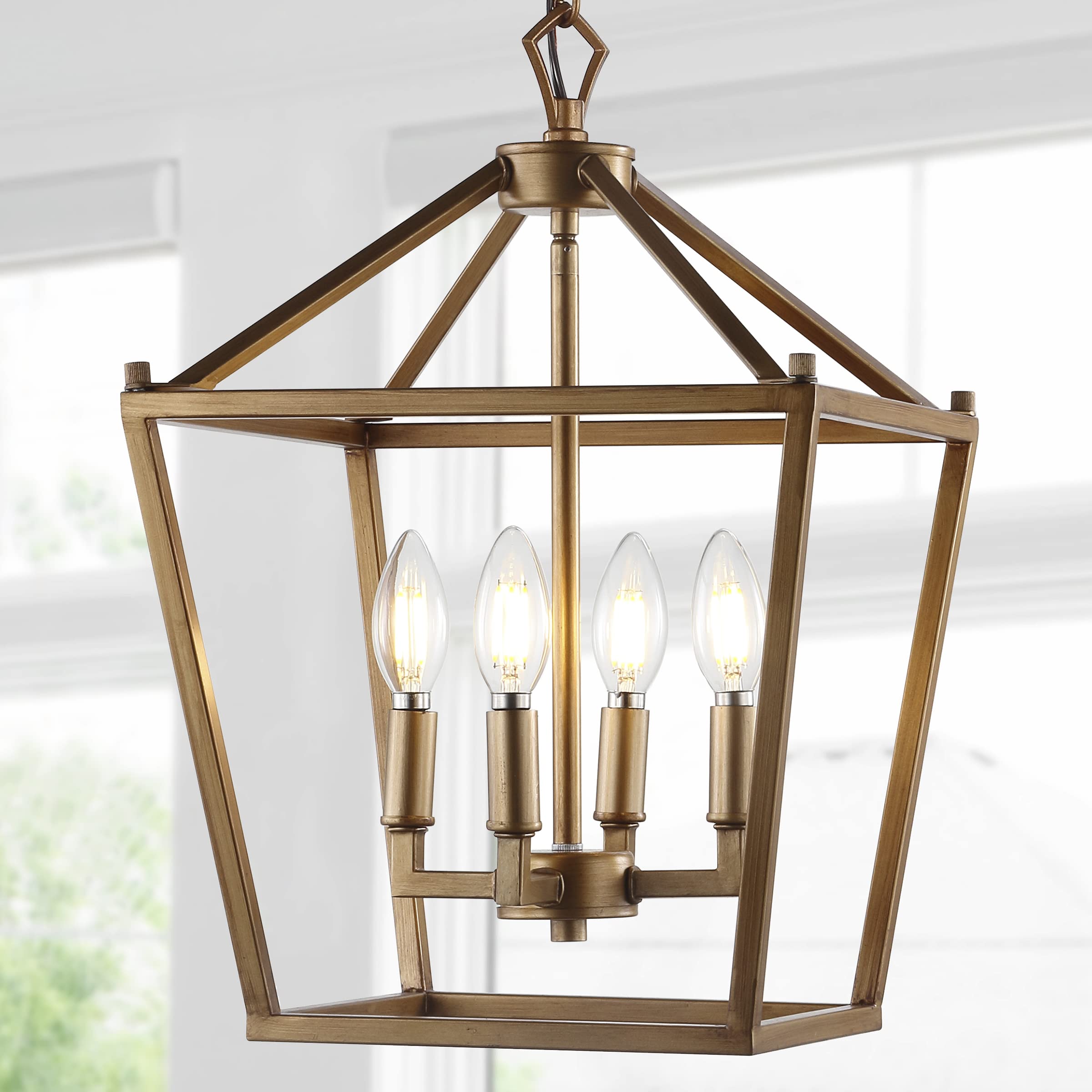 Lantern Dimmable Adjustable Metal LED Pendant Classic Traditional Farmhouse Dining Room Living Room Kitchen Foyer Bedroom Hallway, 10 in, Antique Gold