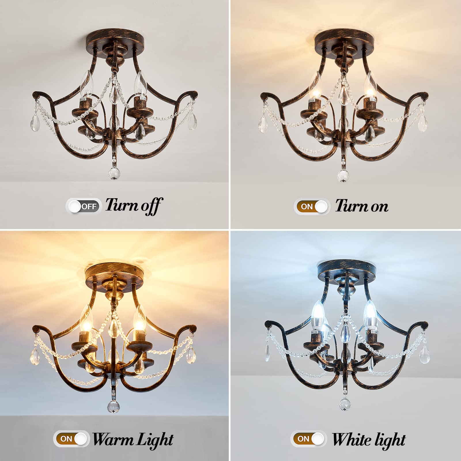 Metal Semi Flush Mount Ceiling Light Fixture 4 Candle Holder Matte Chandelier Farmhouse Ceiling Lamp for Dining Room Bedroom Kitchen Hallway Entryway（Black）