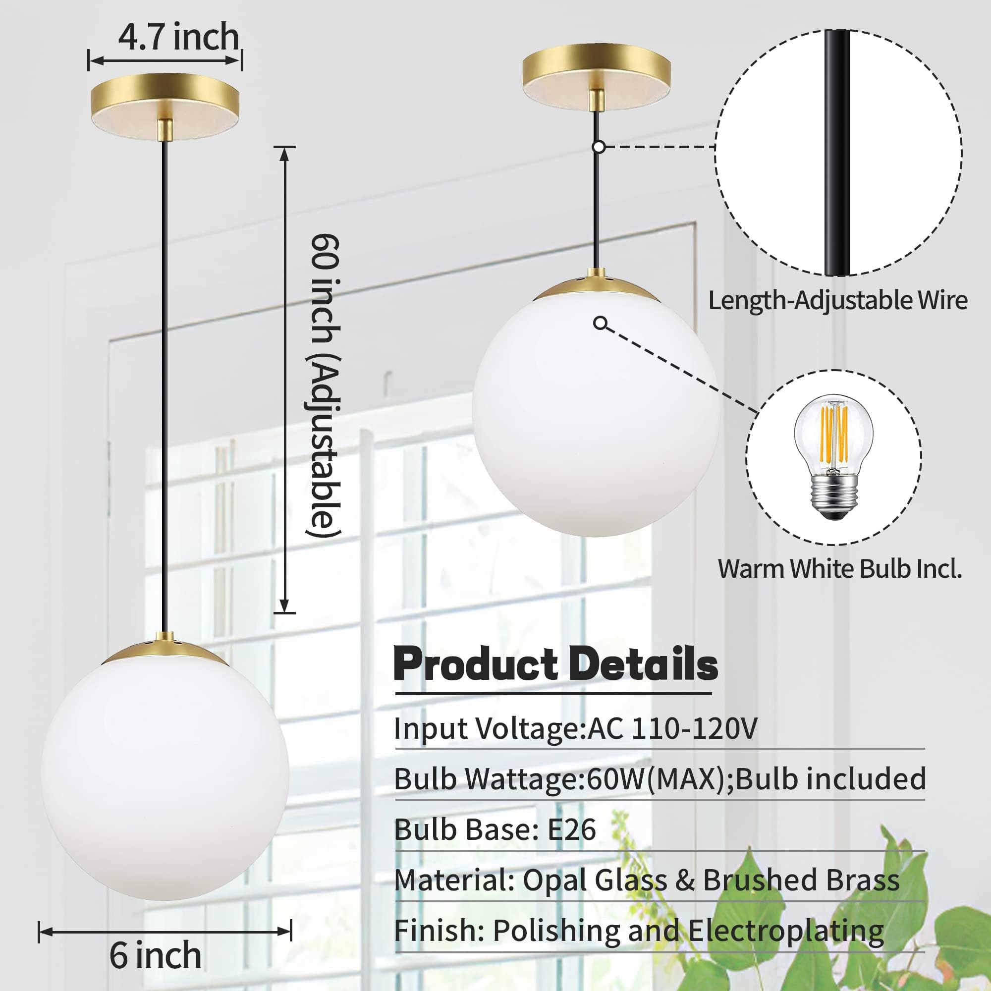 6-inch Mini Modern Globe Pendant Light Clear Glass with Brass Finish Contemporary Mid Century Adjustable Hanging Light Fixture for Living Room Bedroom Kitchen