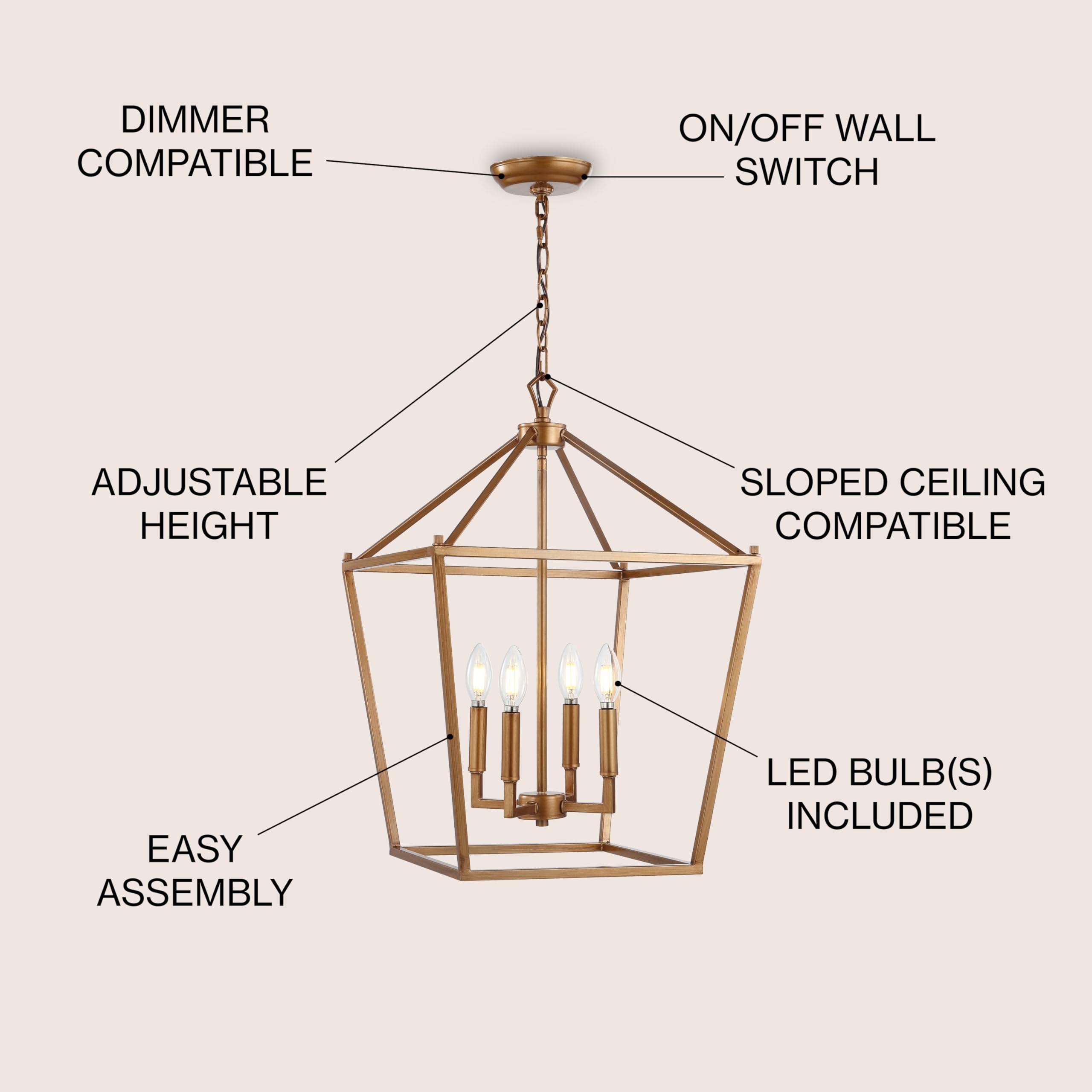 Lantern Dimmable Adjustable Metal LED Pendant Classic Traditional Farmhouse Dining Room Living Room Kitchen Foyer Bedroom Hallway, 10 in, Antique Gold