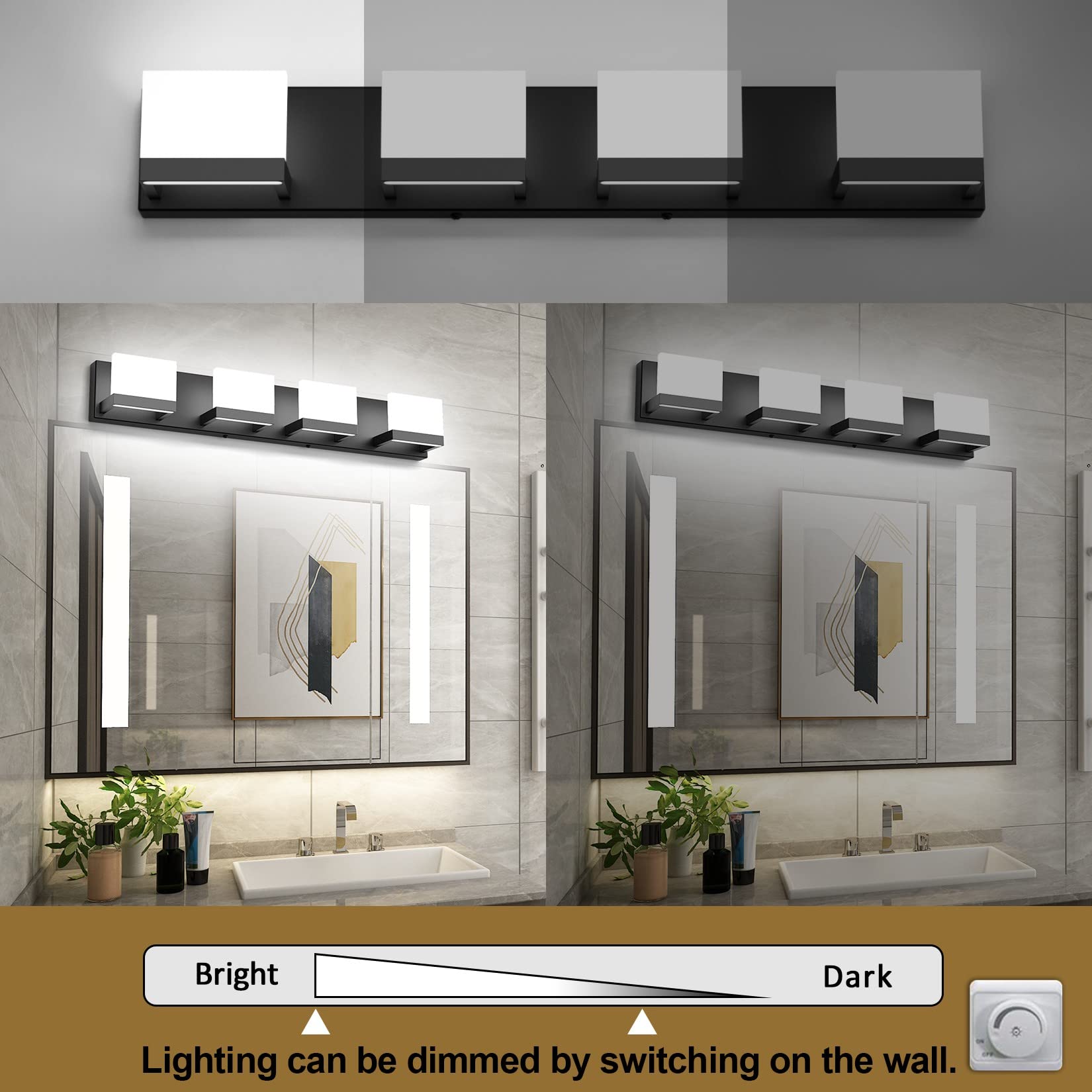 Black LED Vanity Lighting Fixture Modern 3 Lights Vanity Lights for Bathroom Black Bathroom Wall Light Fixtures 6000K