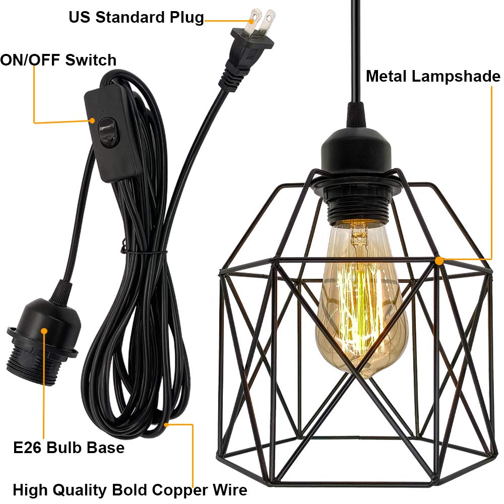 Industrial Plug in Pendant Light, Black Cage Pendant Light Fixture with On/Off Switch, E26 Socket Vintage Hanging Light, Farmhouse Pendant Lighting for Kitchen Living Room Dining Room