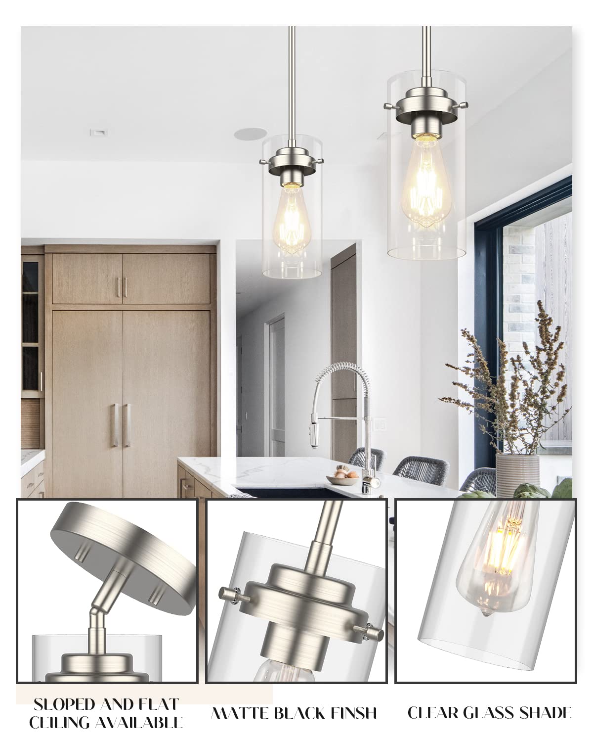 Pendant Light (2 Packs), Kitchen Lights Ceiling Hanging, Kitchen Light Fixtures Brushed Nickel Finish, Farmhouse Pendant Lighting for Kitchen Island Room-PDA1353-B-BNK