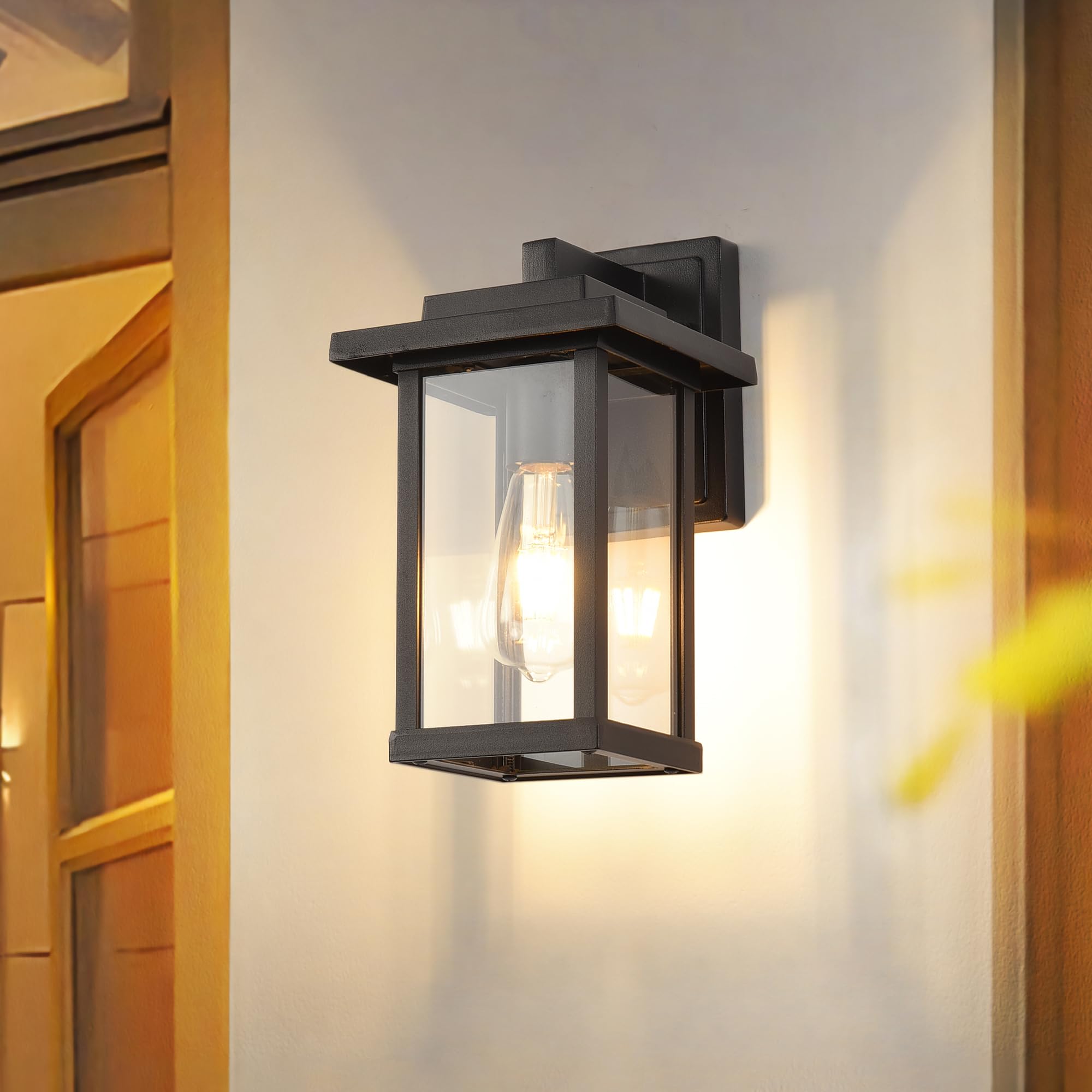 Outdoor Wall Light Fixtures, Modern Exterior Wall Mount Lanterns, Outside Wall Sconces in Black Finish with Clear Glass for Porch Patio Farmhouse, 2-Pack